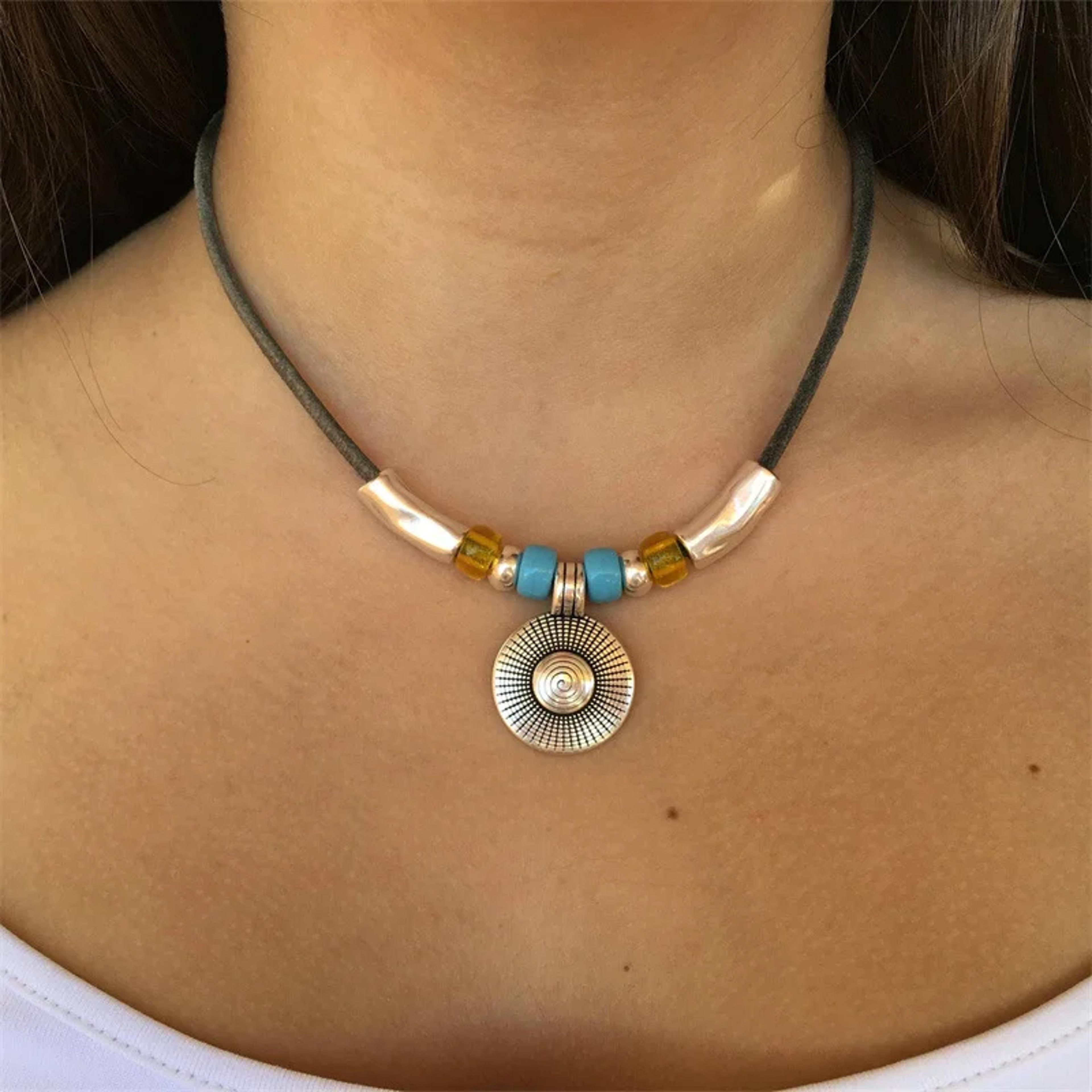 bohemian turquoise leather pendant necklace