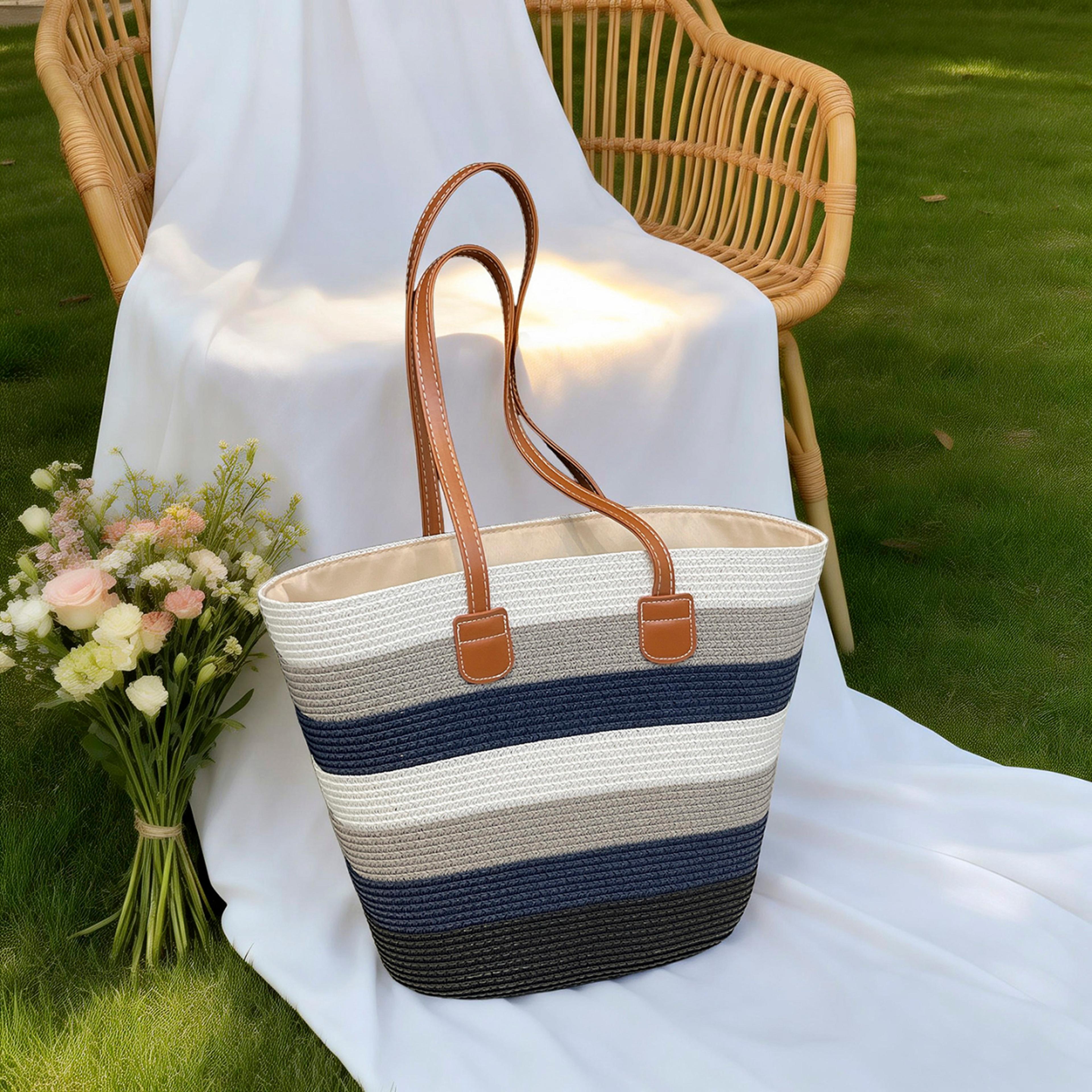 striped woven straw beach tote and vacation shoulder handbag