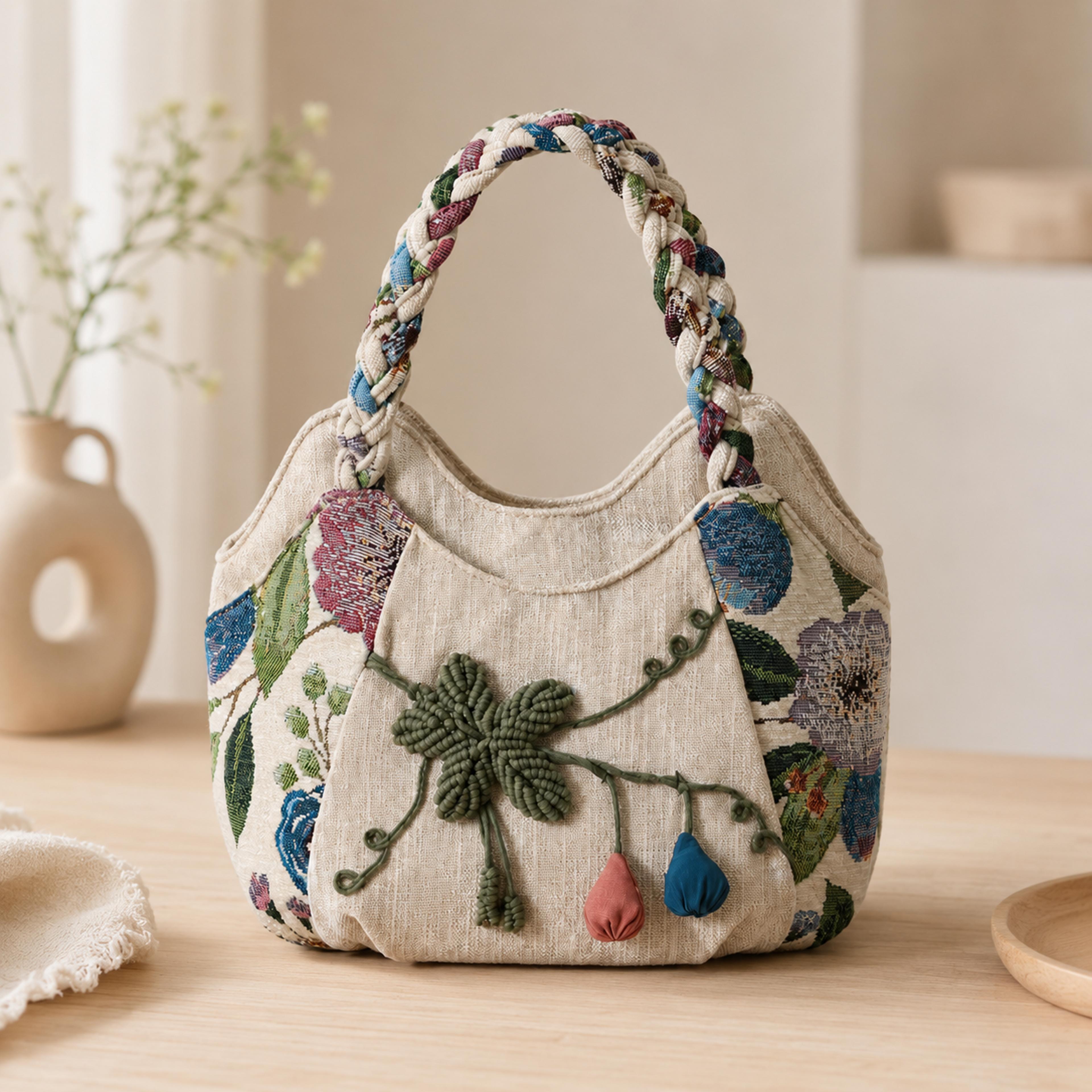 women floral embroidered linen handbag boho braided handle tote