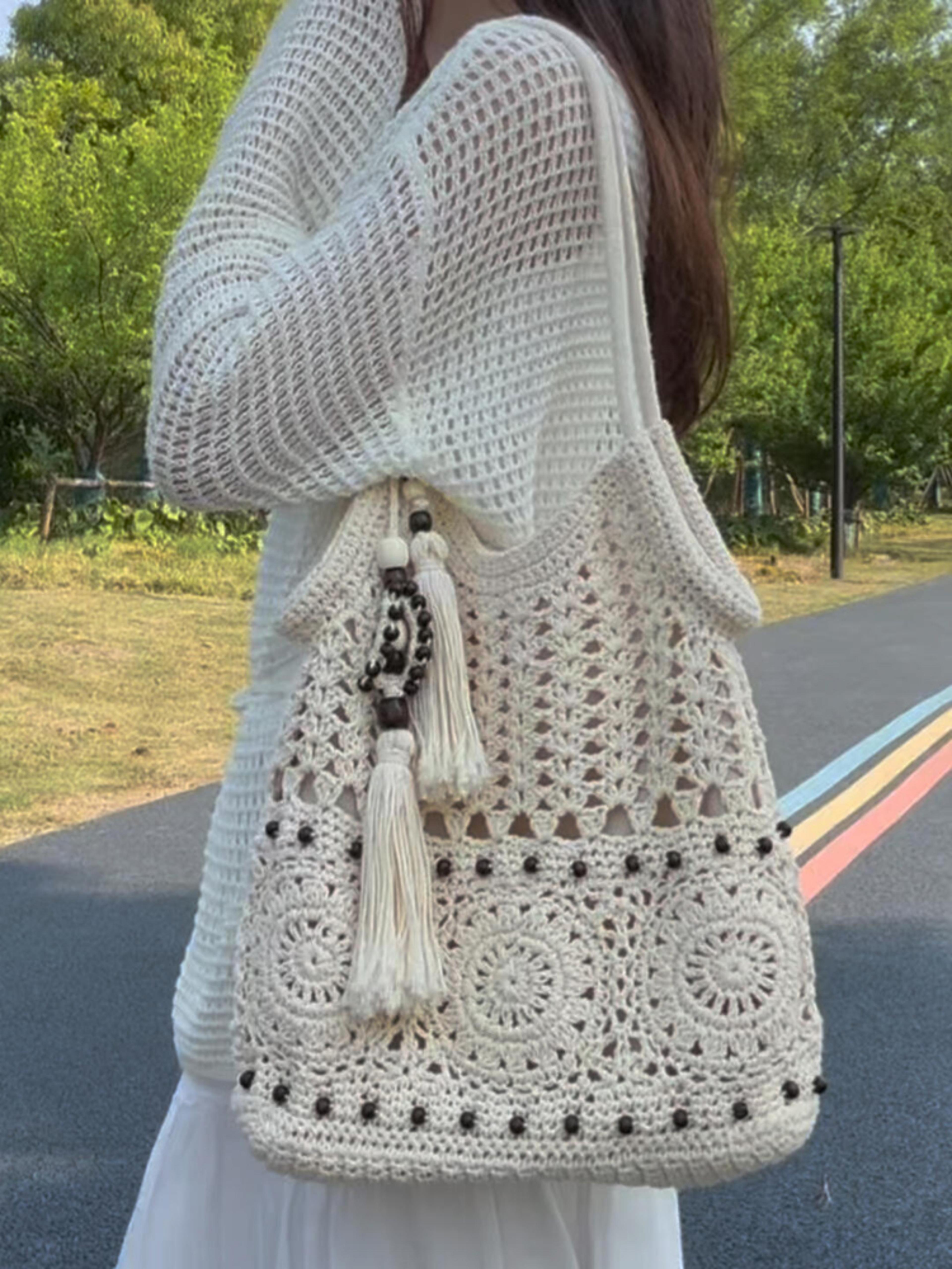 cotton woven tote bag with wooden bead tassel