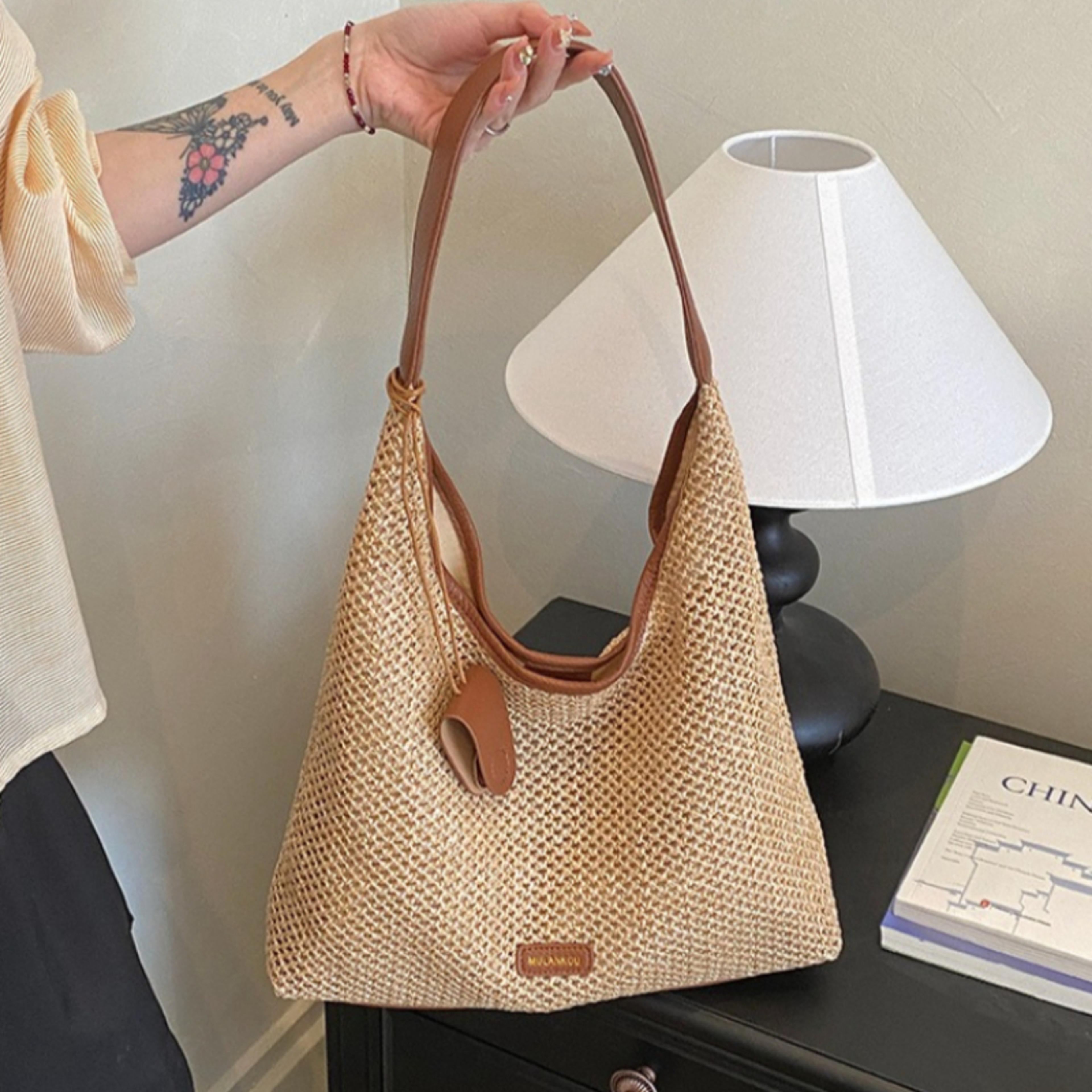 handmade woven tote bag for women casual straw shoulder purse