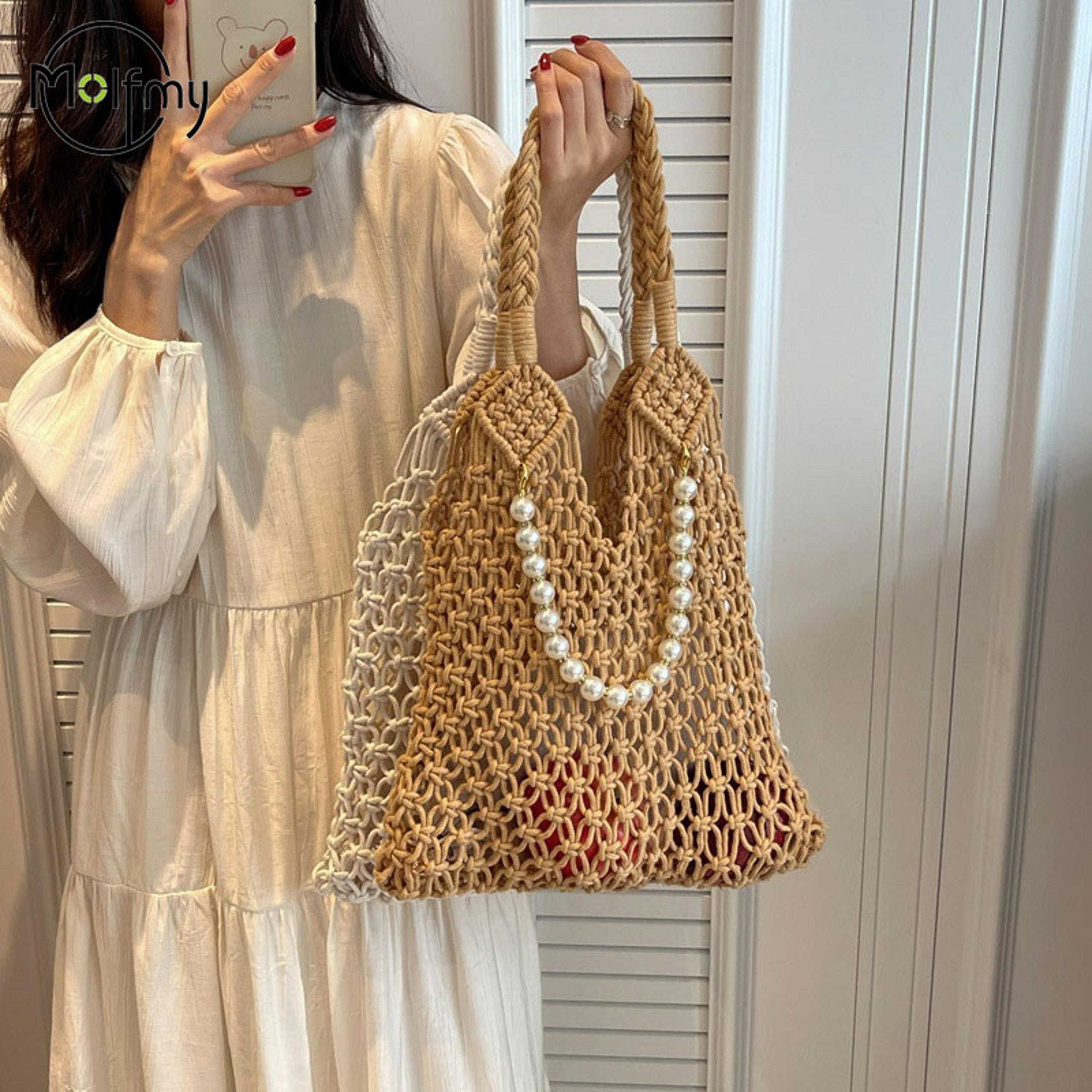 pearl woven straw beach bag