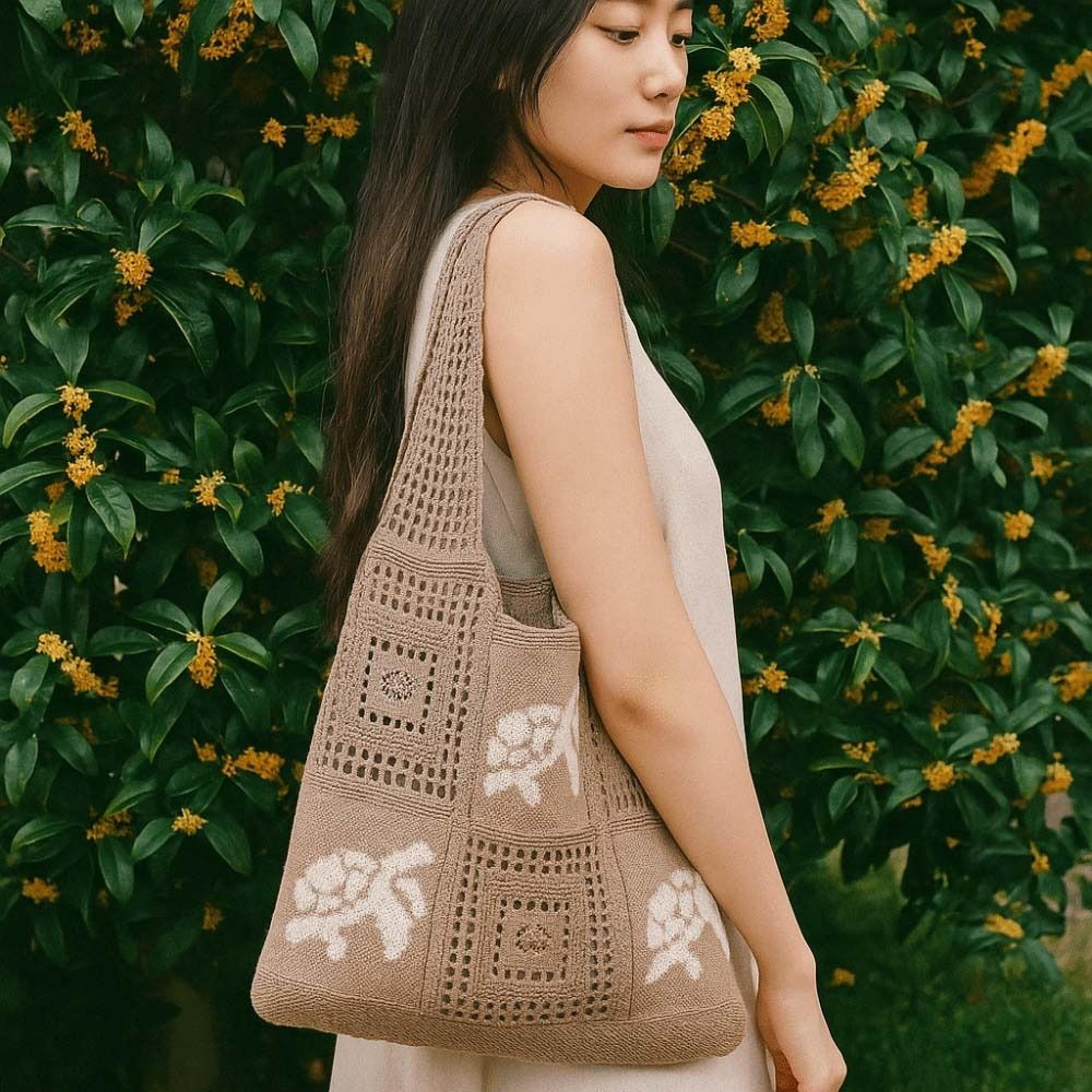korean style crochet tote bag with turtle embroidery