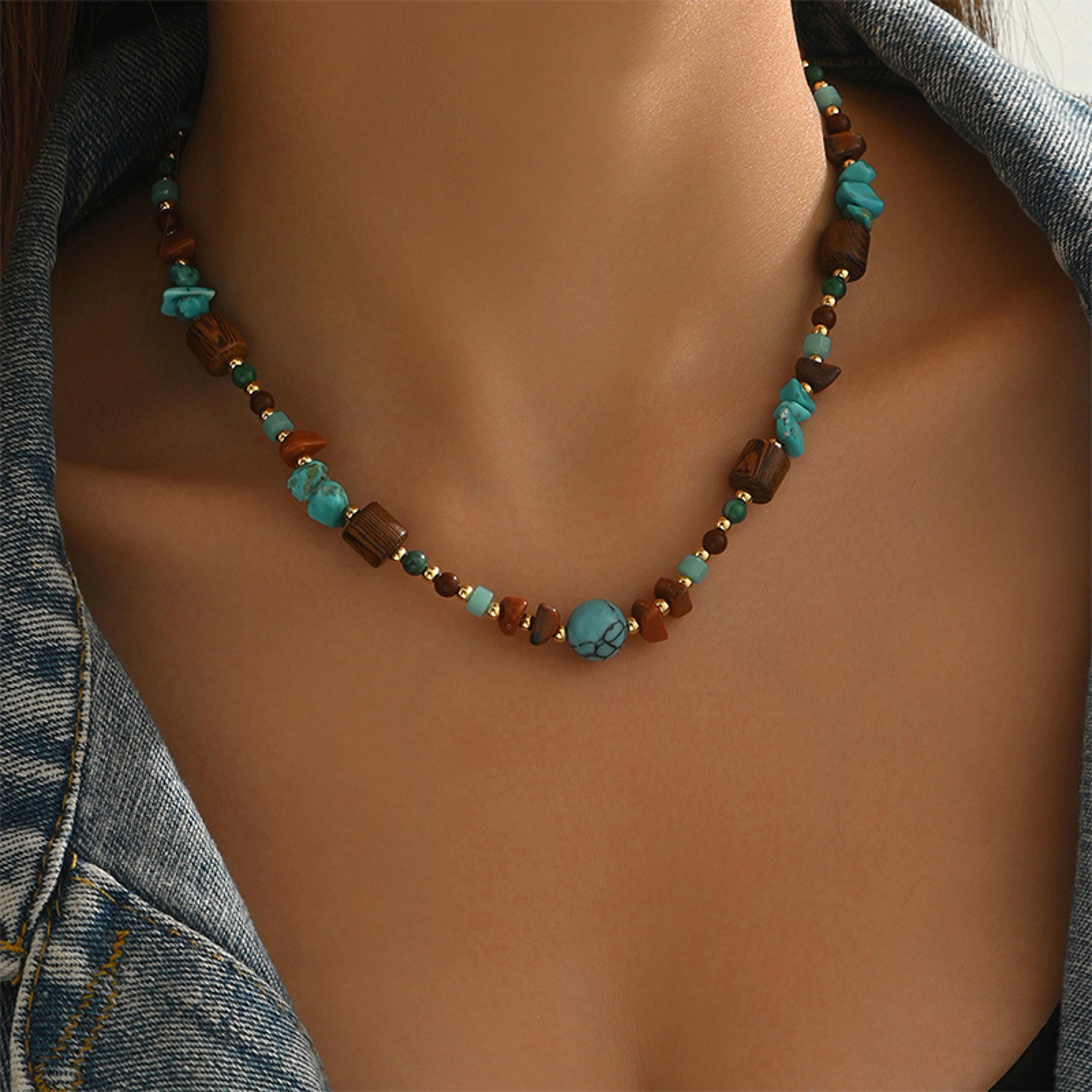 boho wooden statement necklace with semi-precious stones