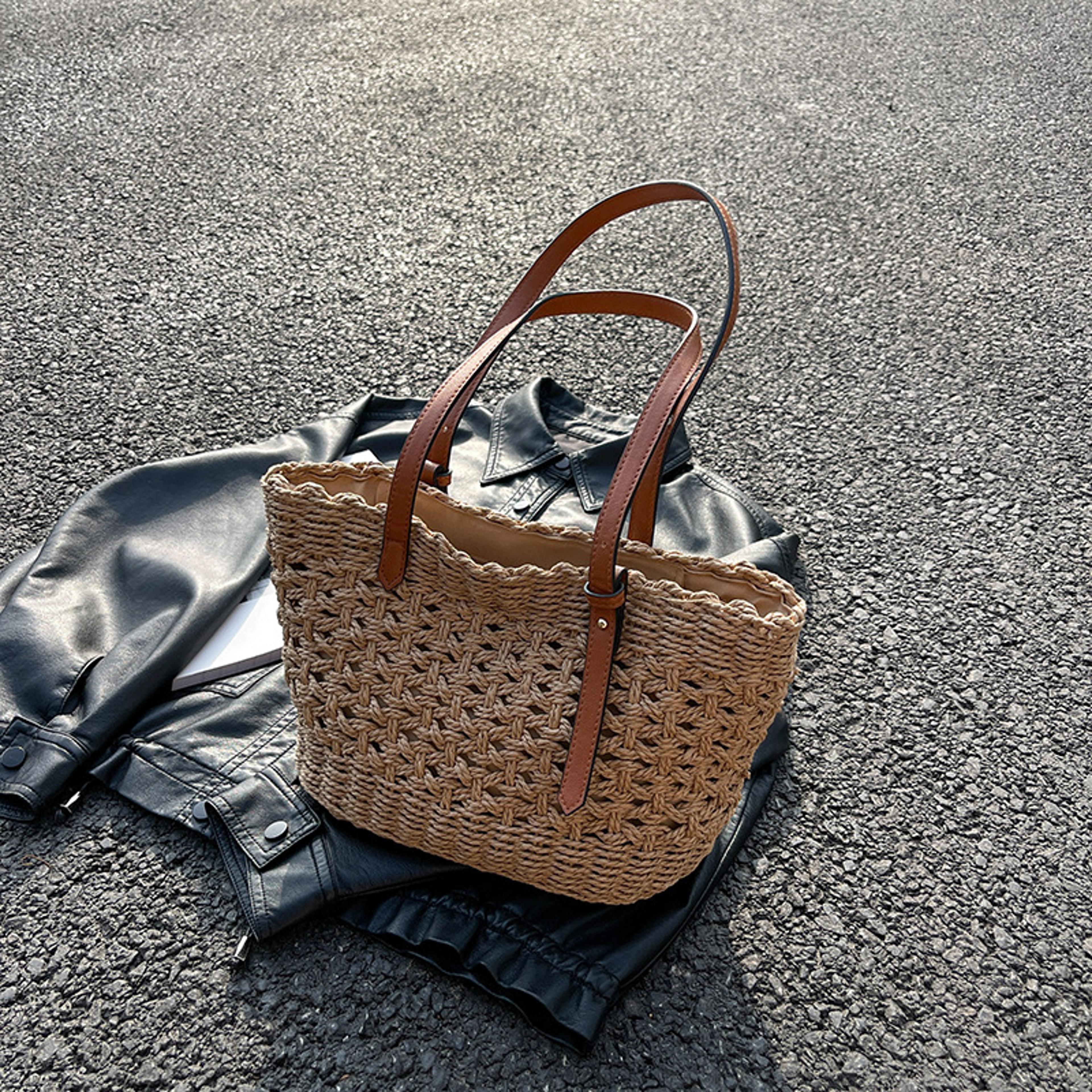 designer woven straw tote bag for summer beach and travel