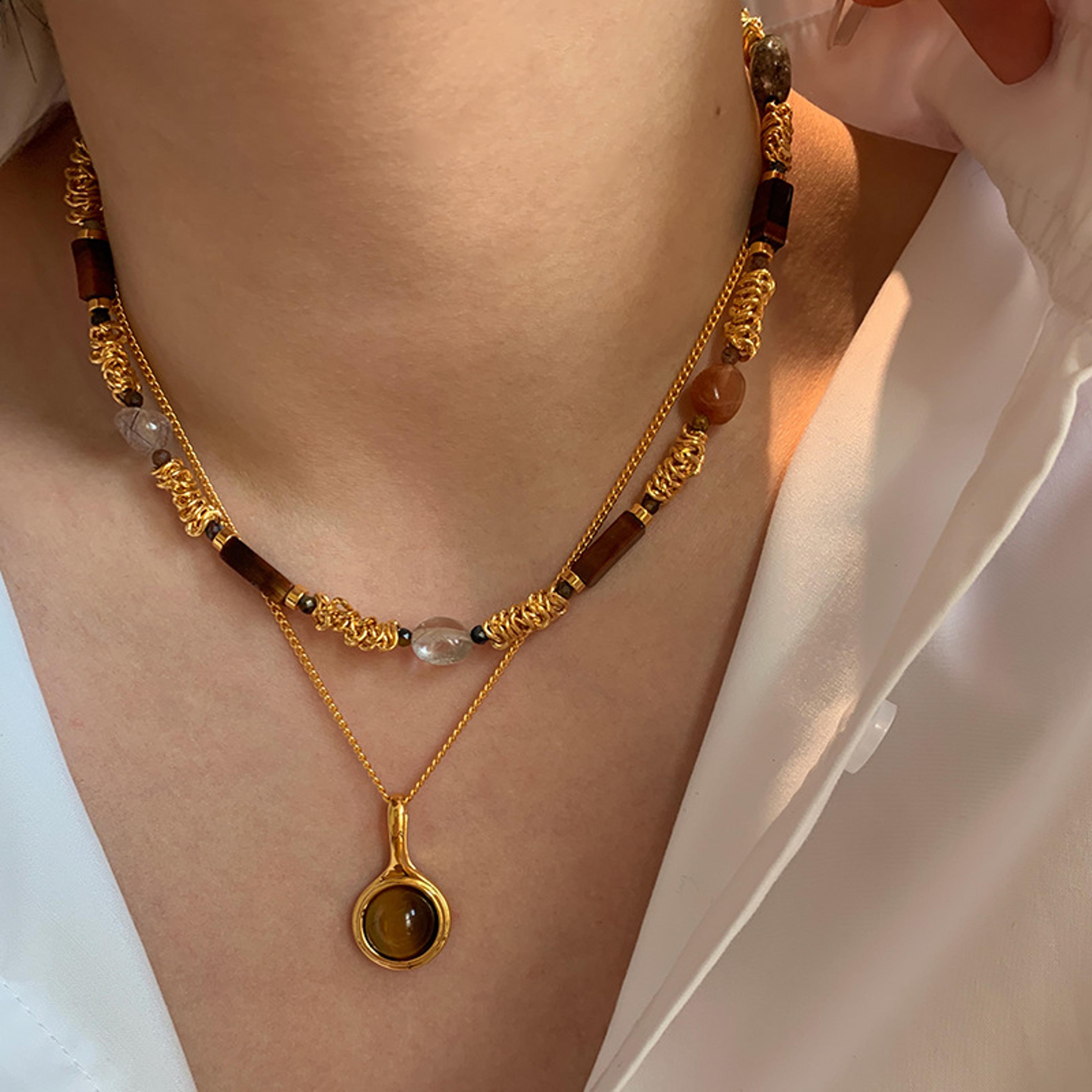 vintage gold natural brown stone beaded choker necklace