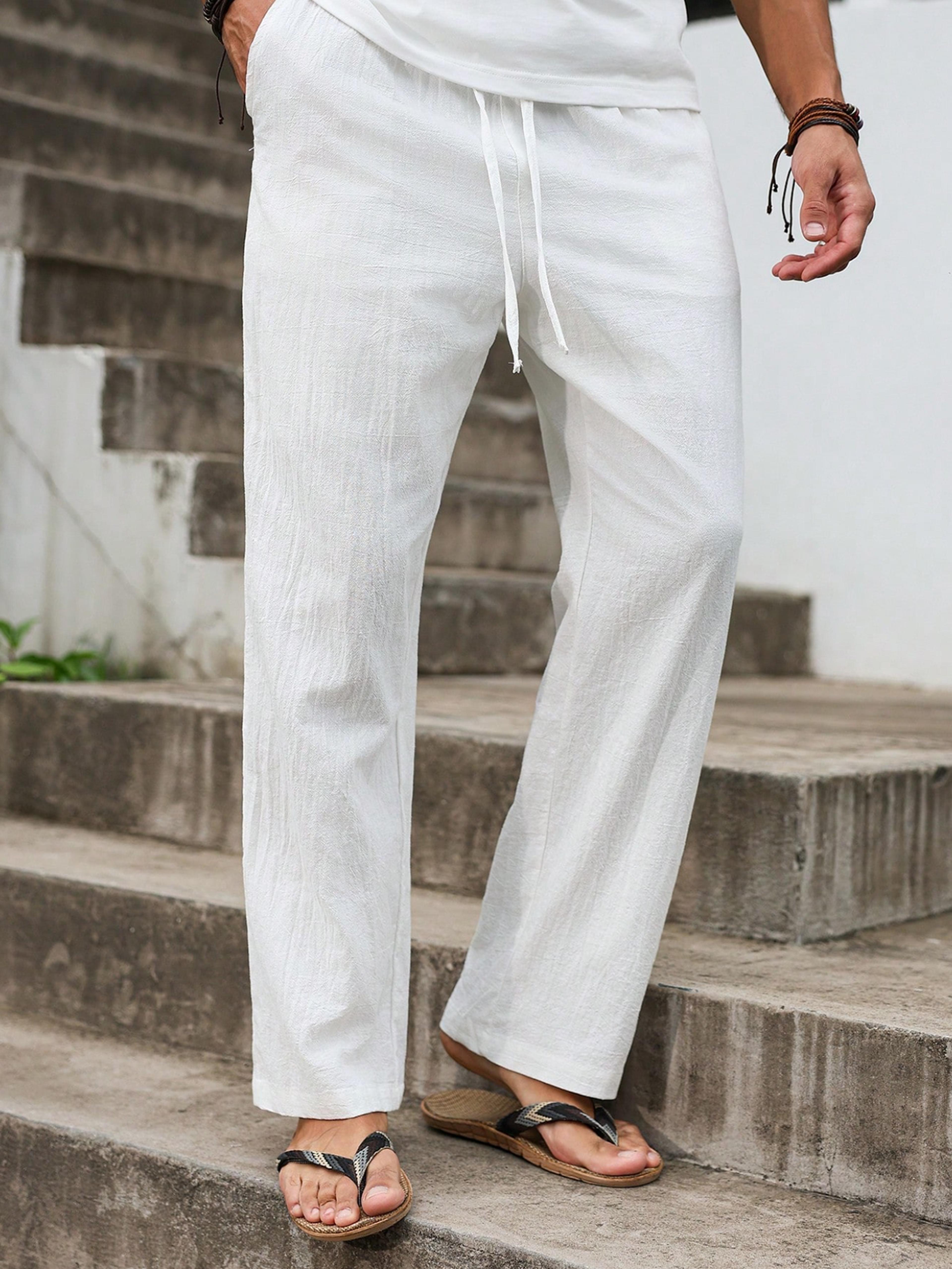 men linen straight cut leisure pants