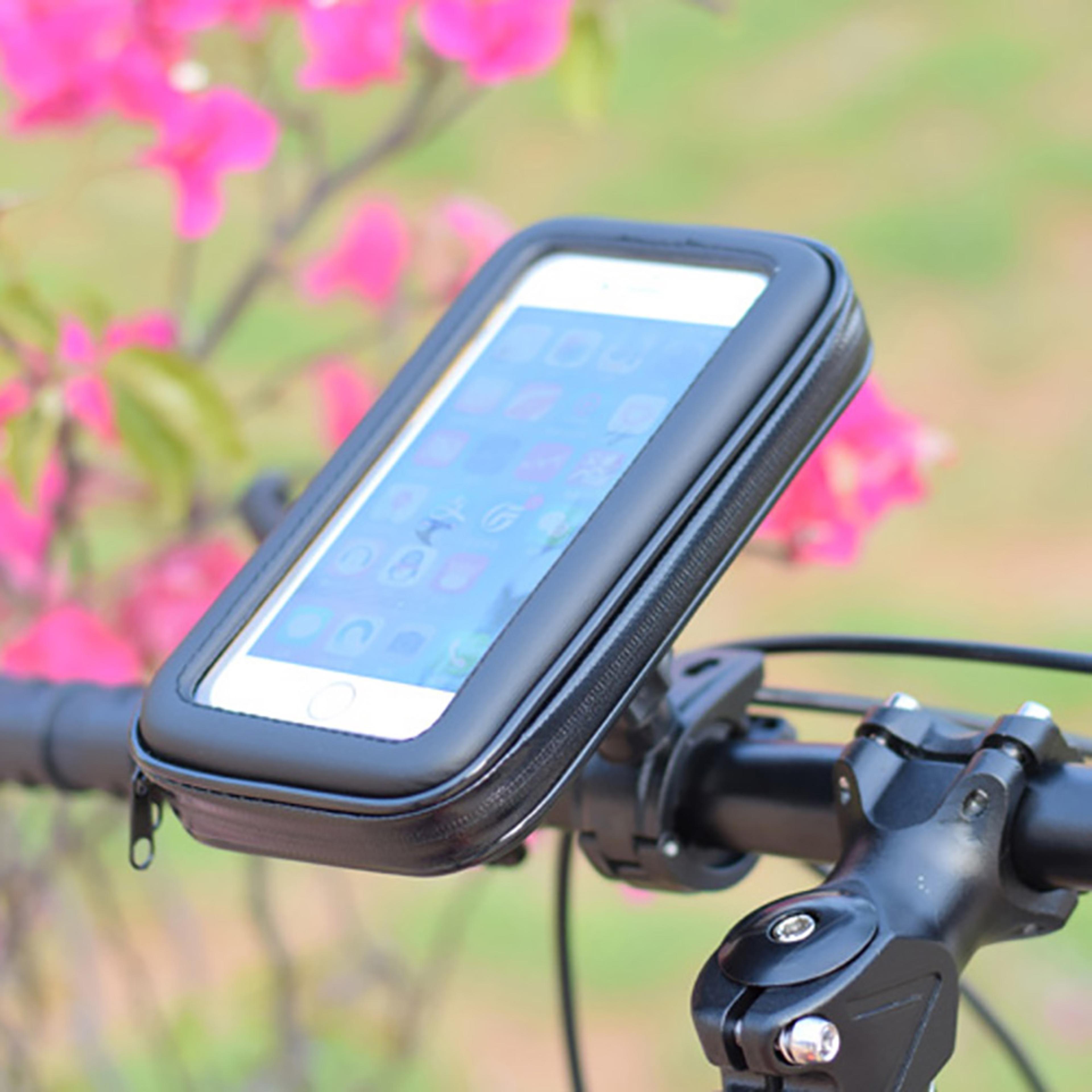 waterproof bike phone holder, motorcycle phone mount, fully enclosed touch sensitive design, compatible with all phones