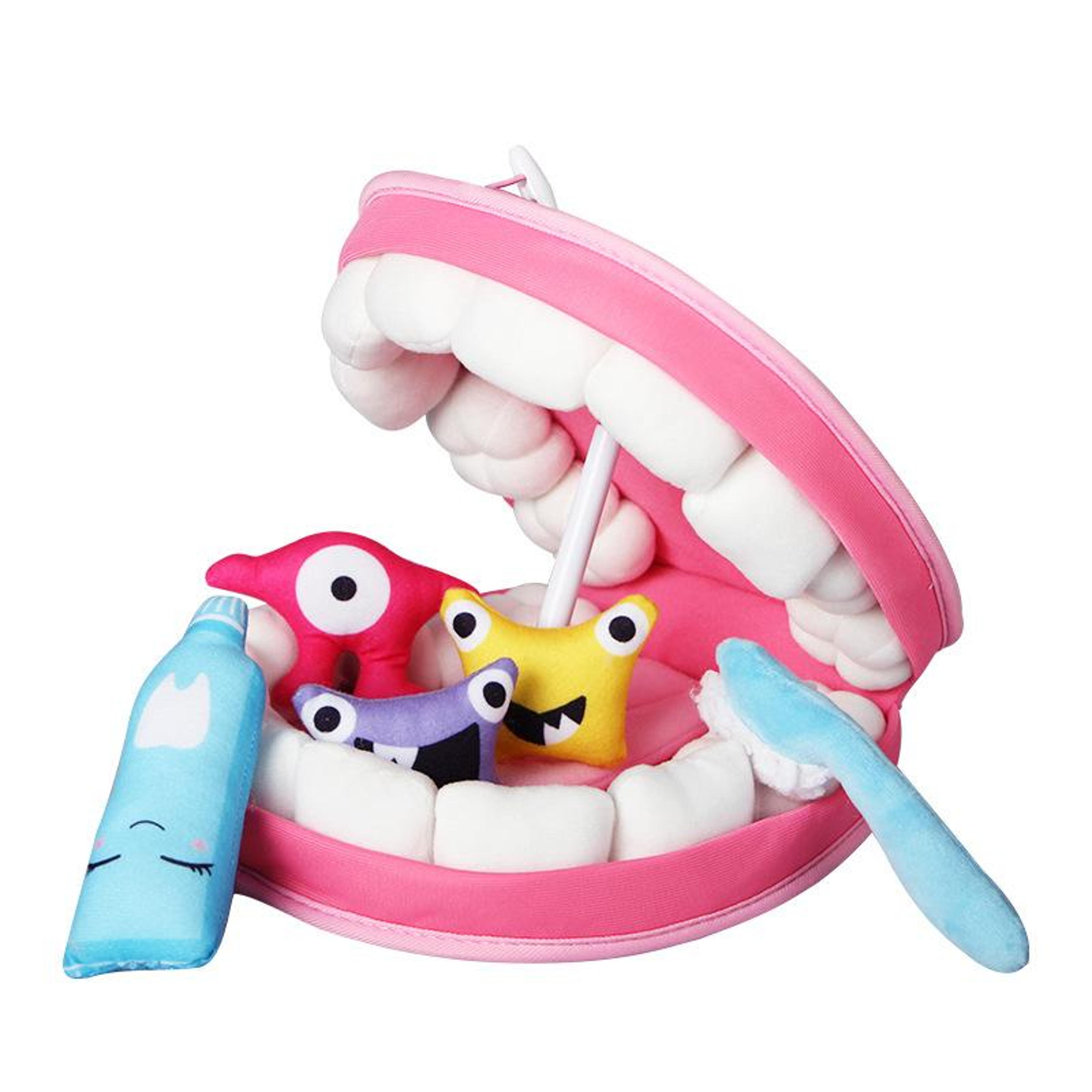 plush toy tooth model set for young children, cartoon toothbrush, learning to brush teeth game