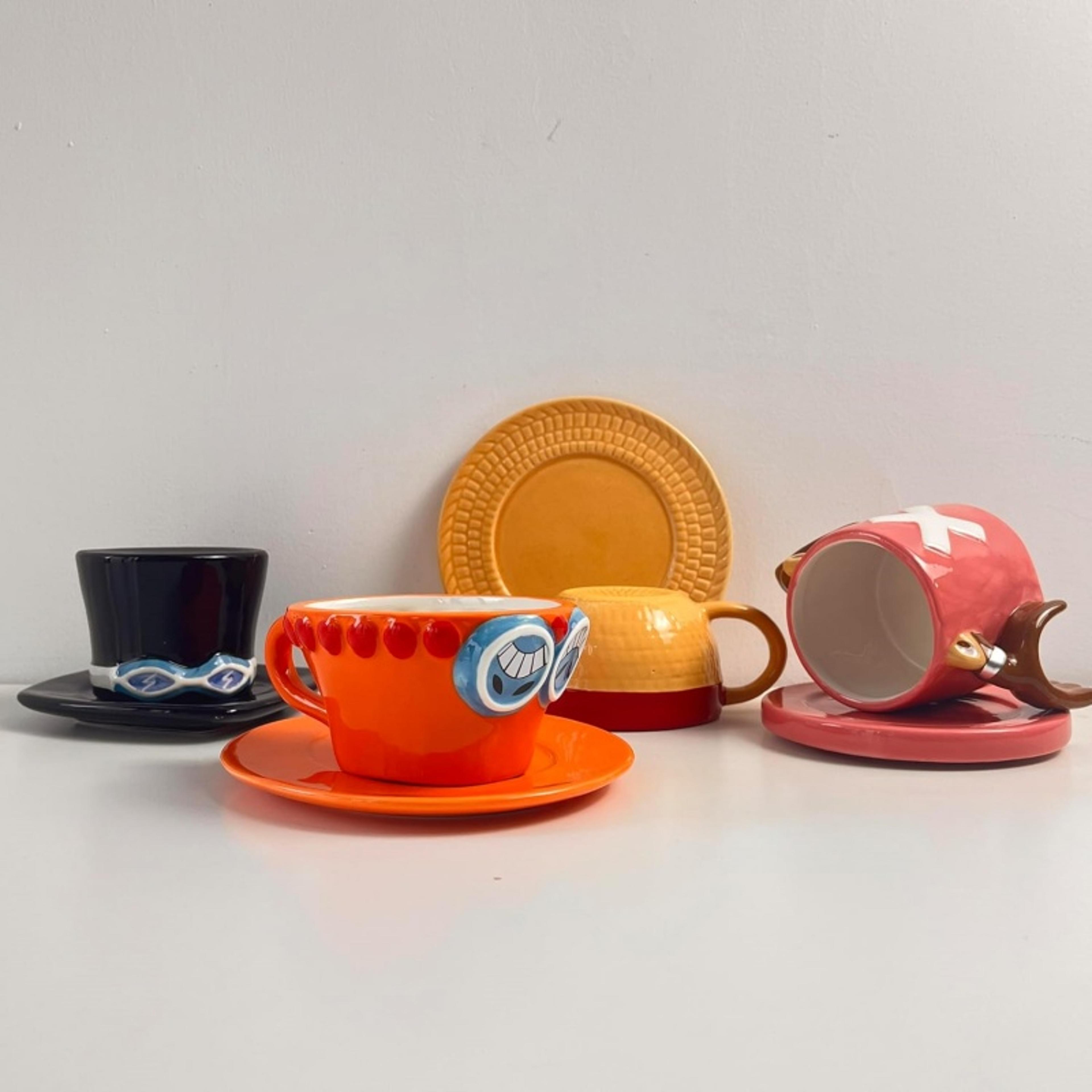 creative hat shaped cartoon coffee cup and saucer, anime chopper ace sabo ceramic mug, gift dessert plate