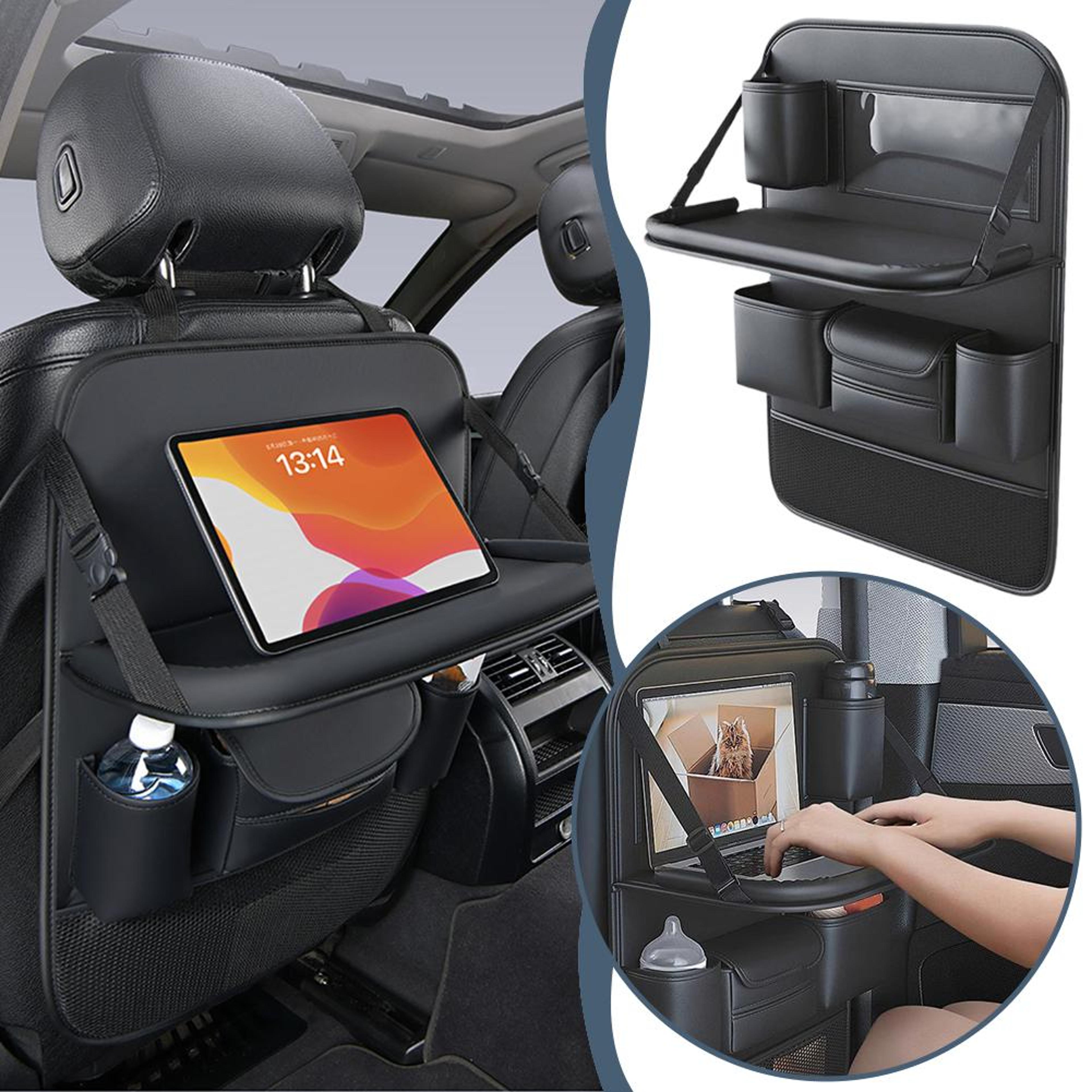 car seat back organizer with foldable table – pu leather spacious storage bag with multiple pockets for car.