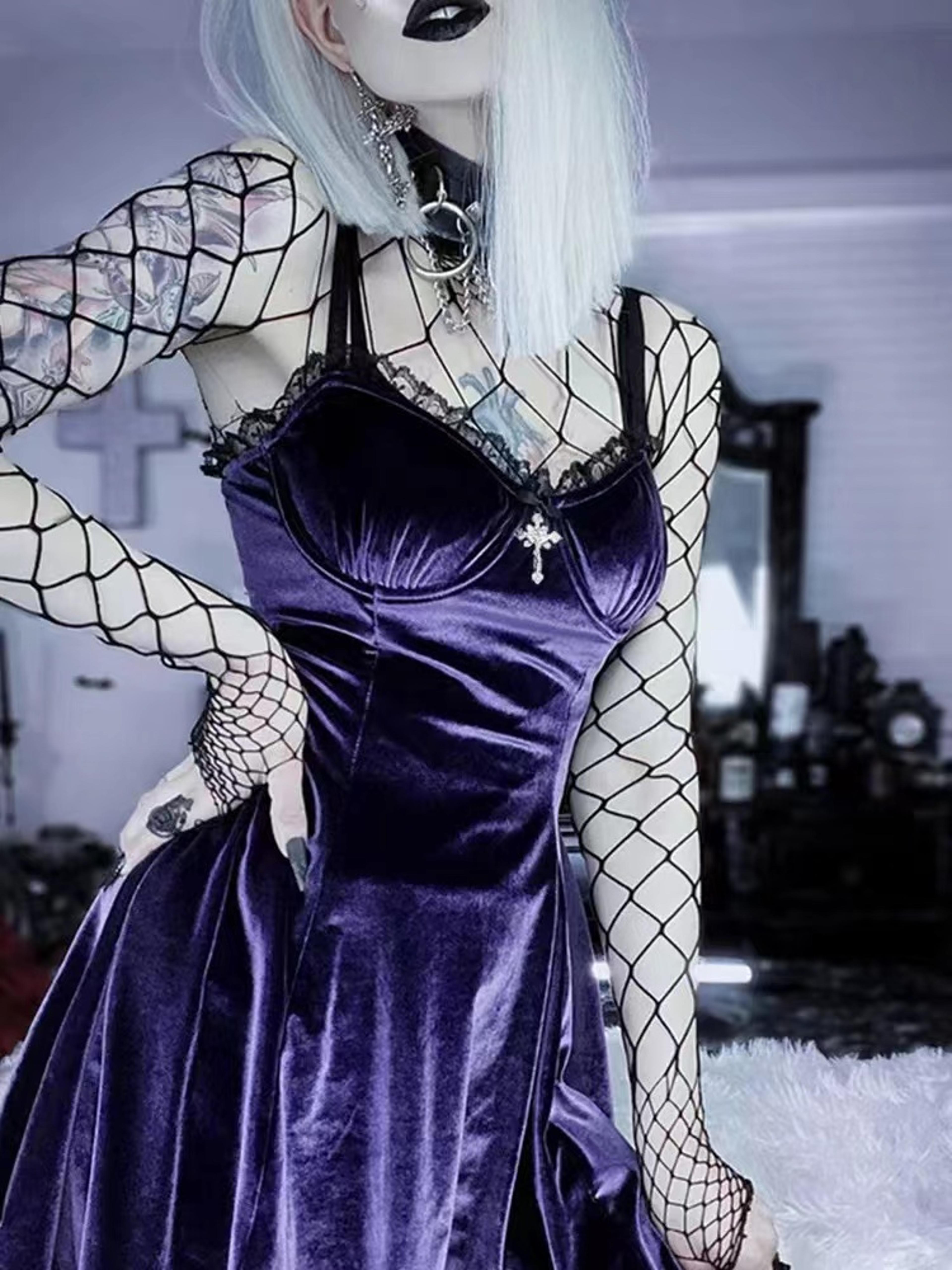 velvet gothic black mini dress for women – vintage spaghetti strap high waist gothic aesthetic dress for parties & clubs