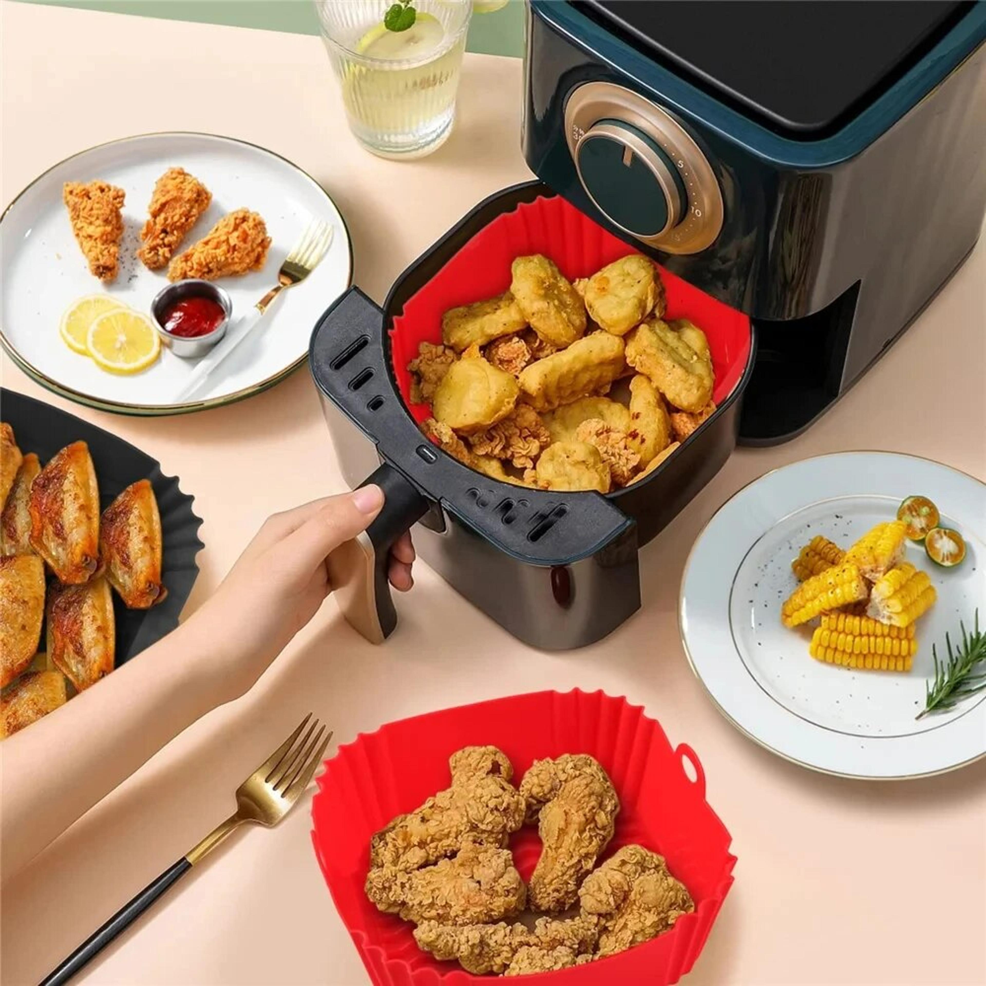 reusable silicone air fryer pan liner - non-stick baking tray for pizza, fried chicken & more