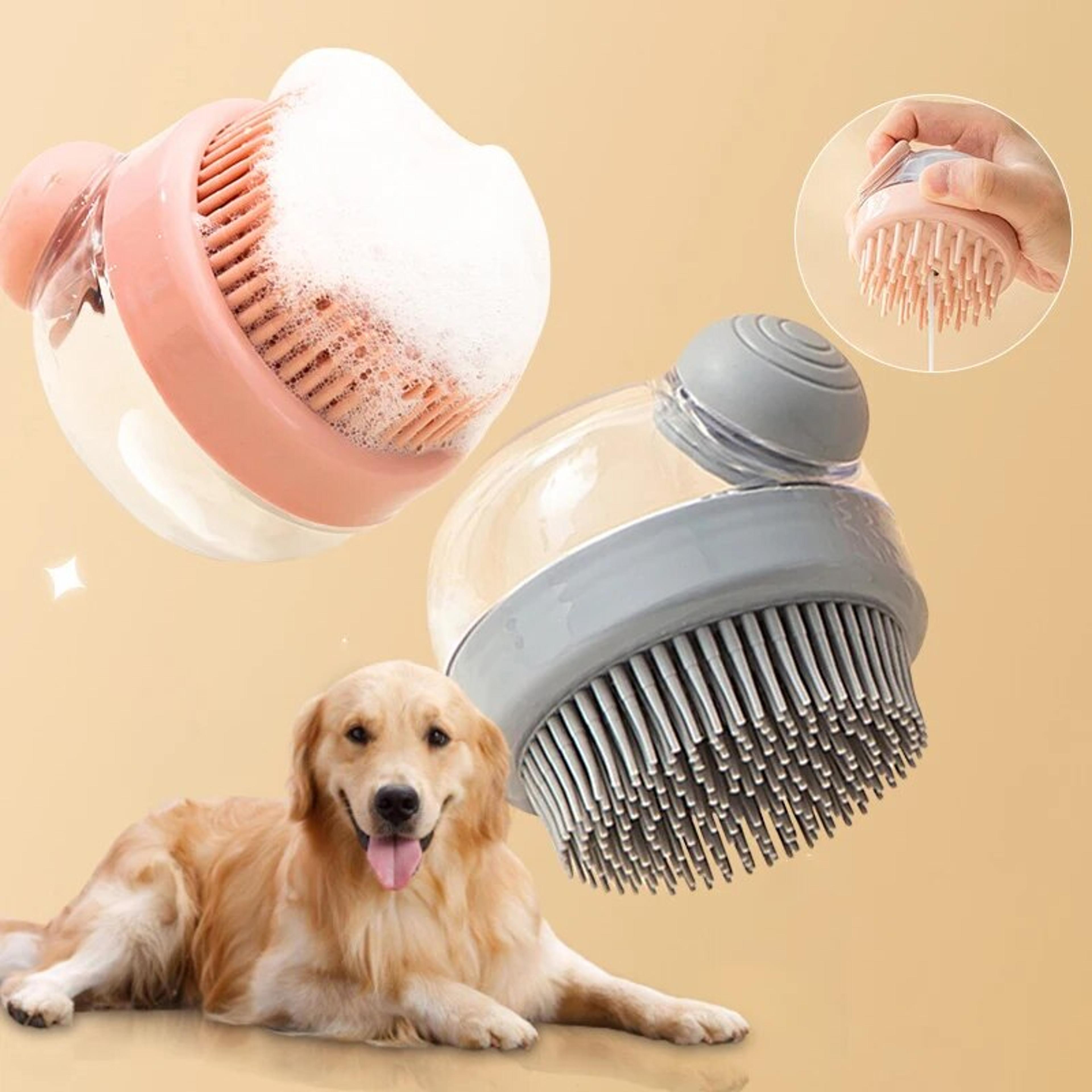 pet bath brush with shampoo dispenser – soft silicone grooming brush for gentle massages and fur cleaning