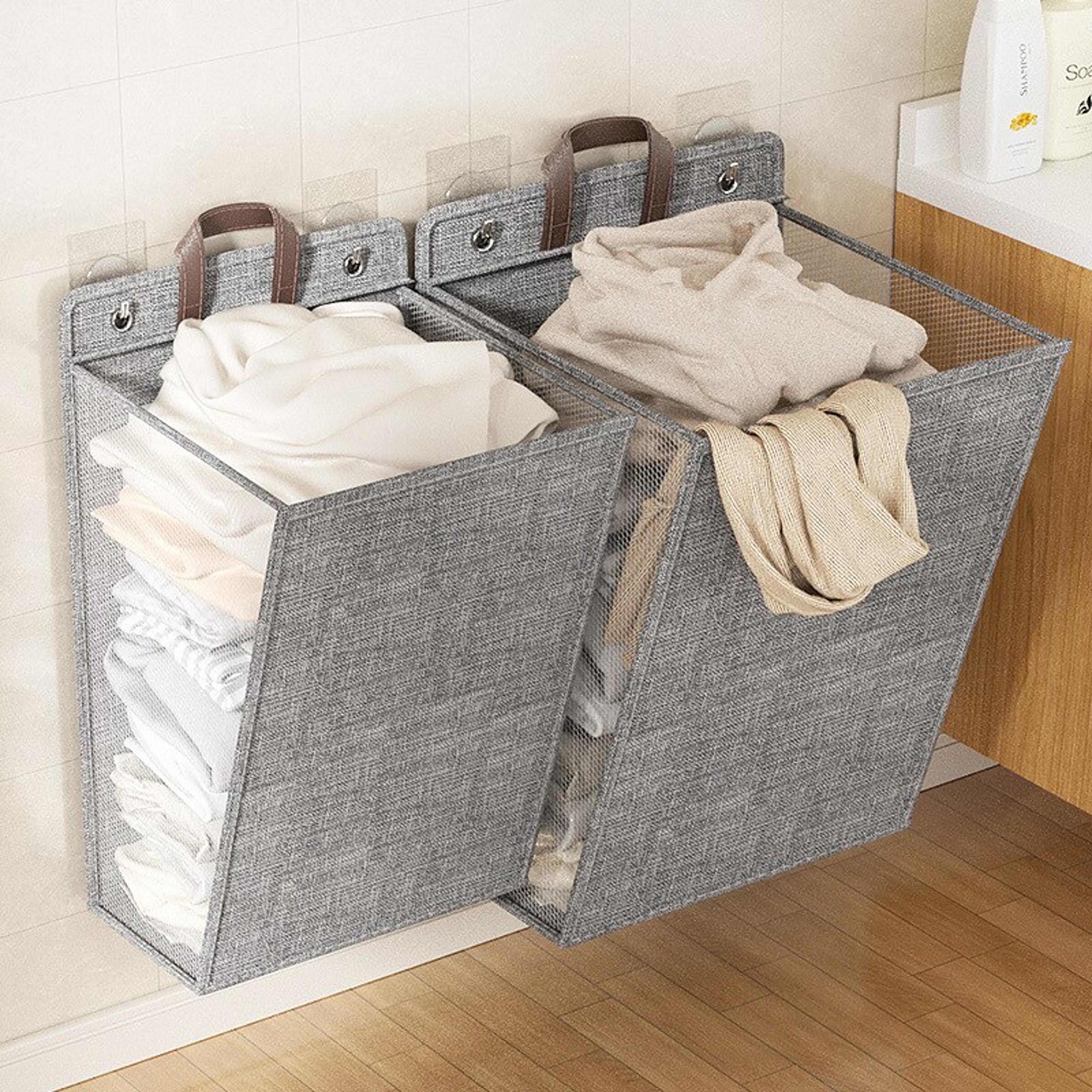 foldable adhesive laundry basket hamper – multifunctional punch-free wall hanging mesh hook organizer