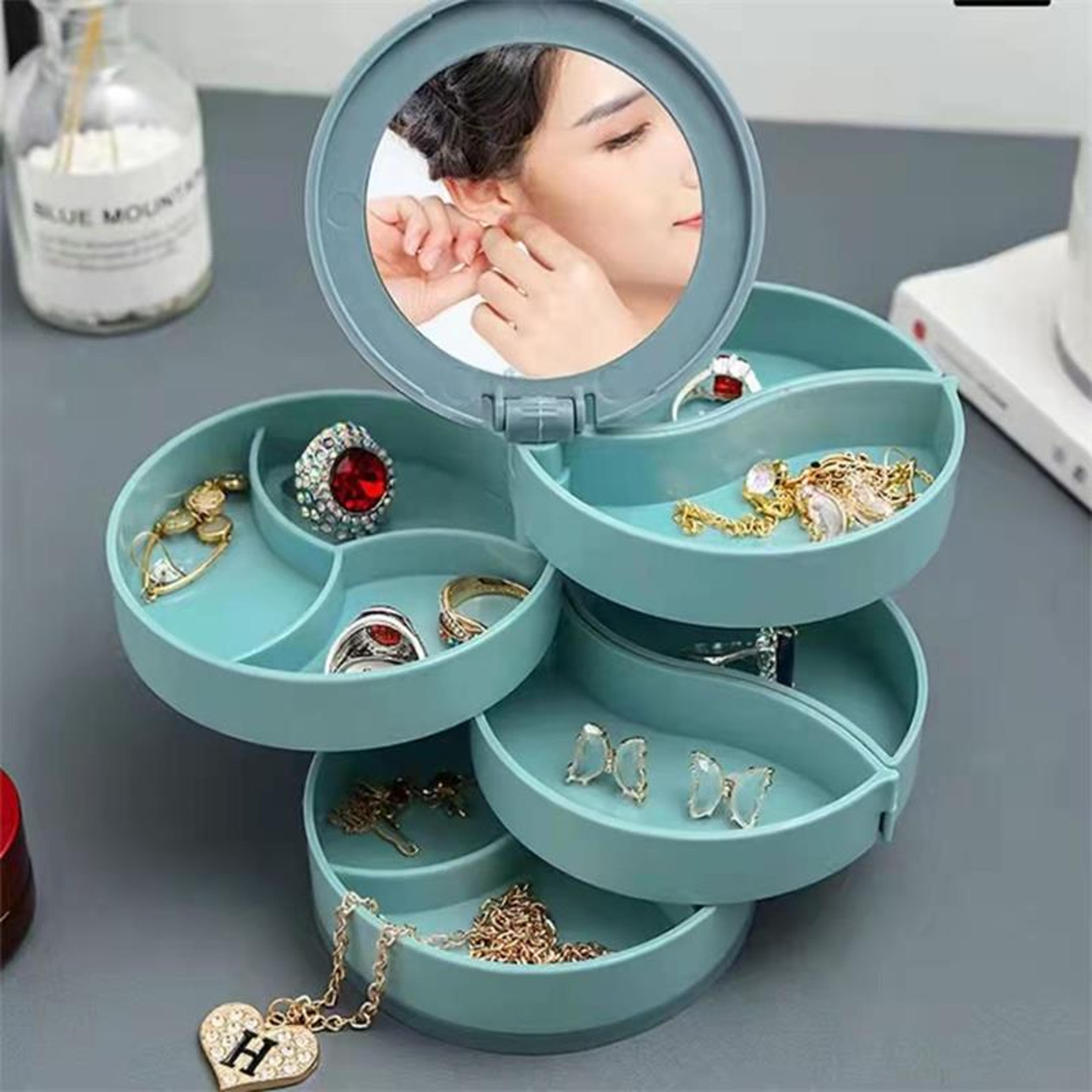 rotating jewelry stand display tray – multilayer plastic storage box for earrings, rings & cosmetics – blue/pink