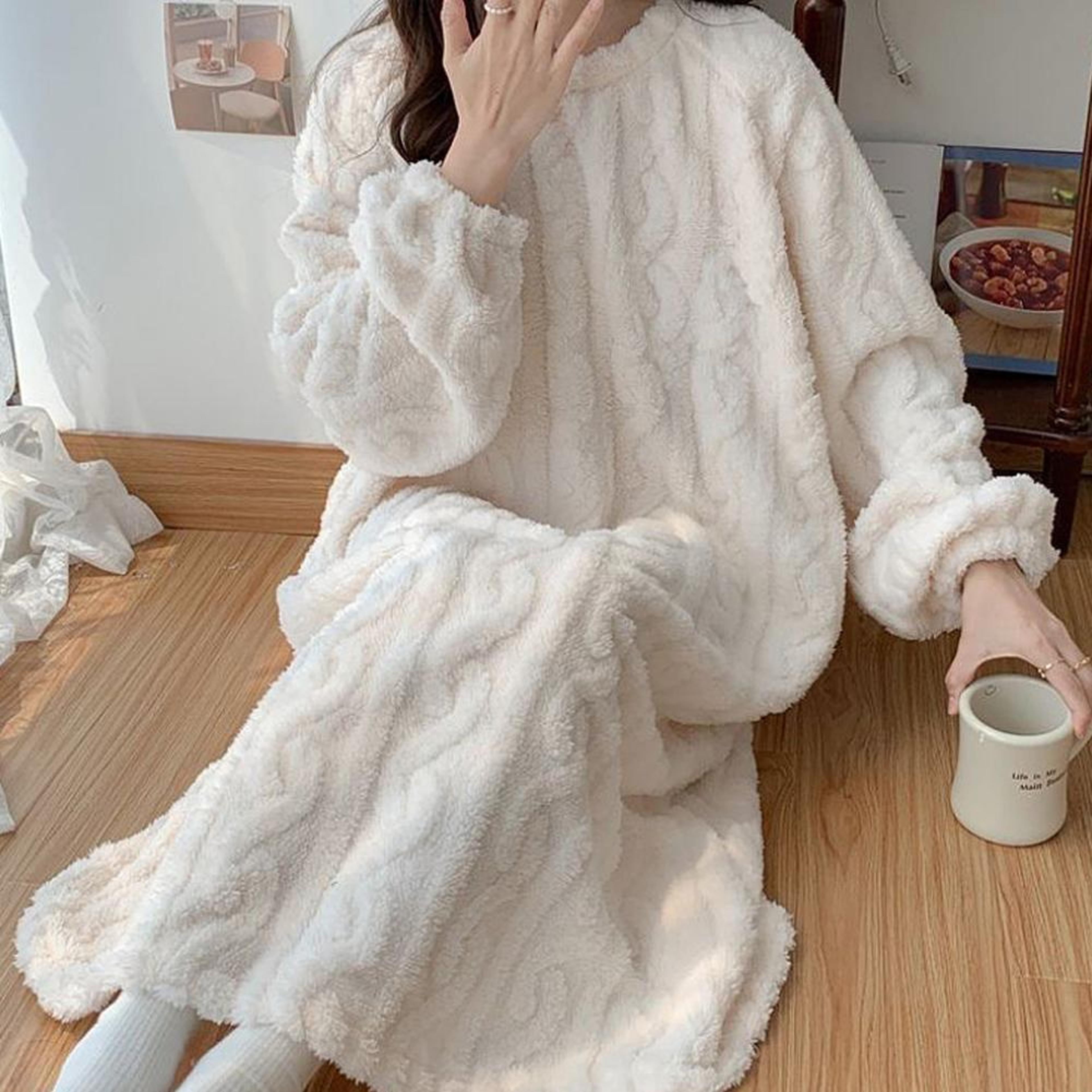soft coral velvet warm winter nightgown for women long sleeve flannel sleepwear