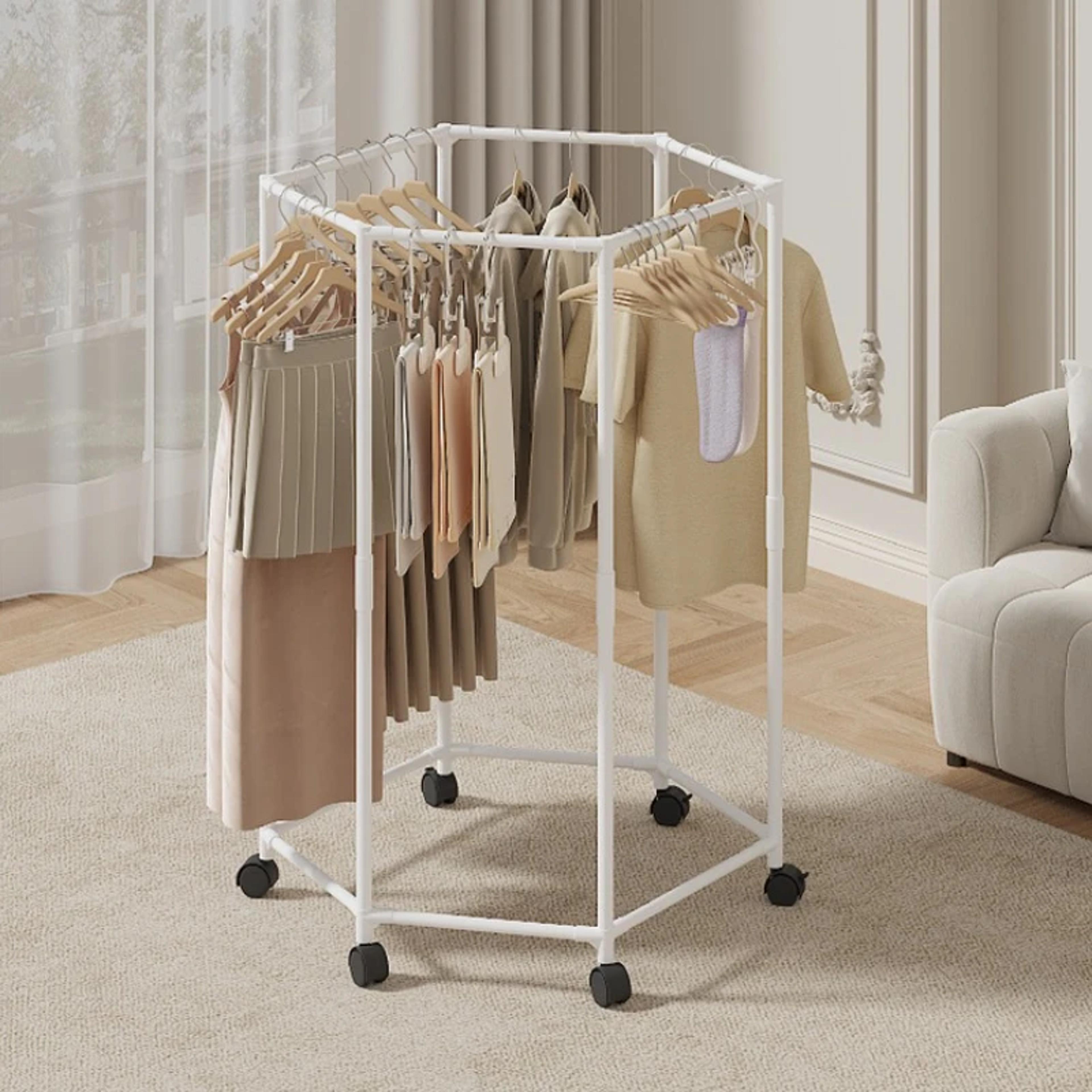 hexagon rotating garment organizer & drying rack – movable coat hanger for dorm & home use