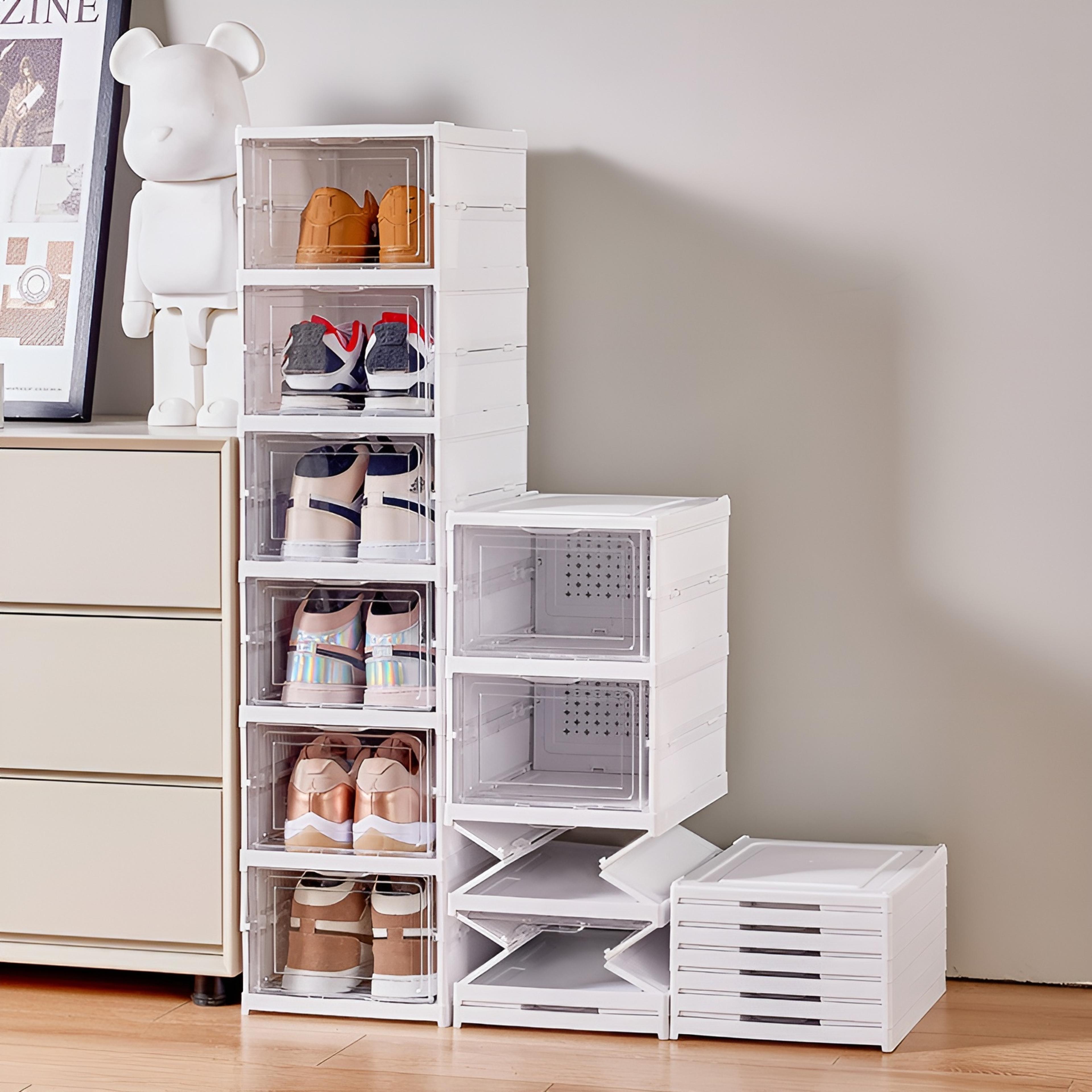 transparent stackable shoe storage box – foldable sneaker organizer, dustproof high-top cabinet, and shoe rack shelf