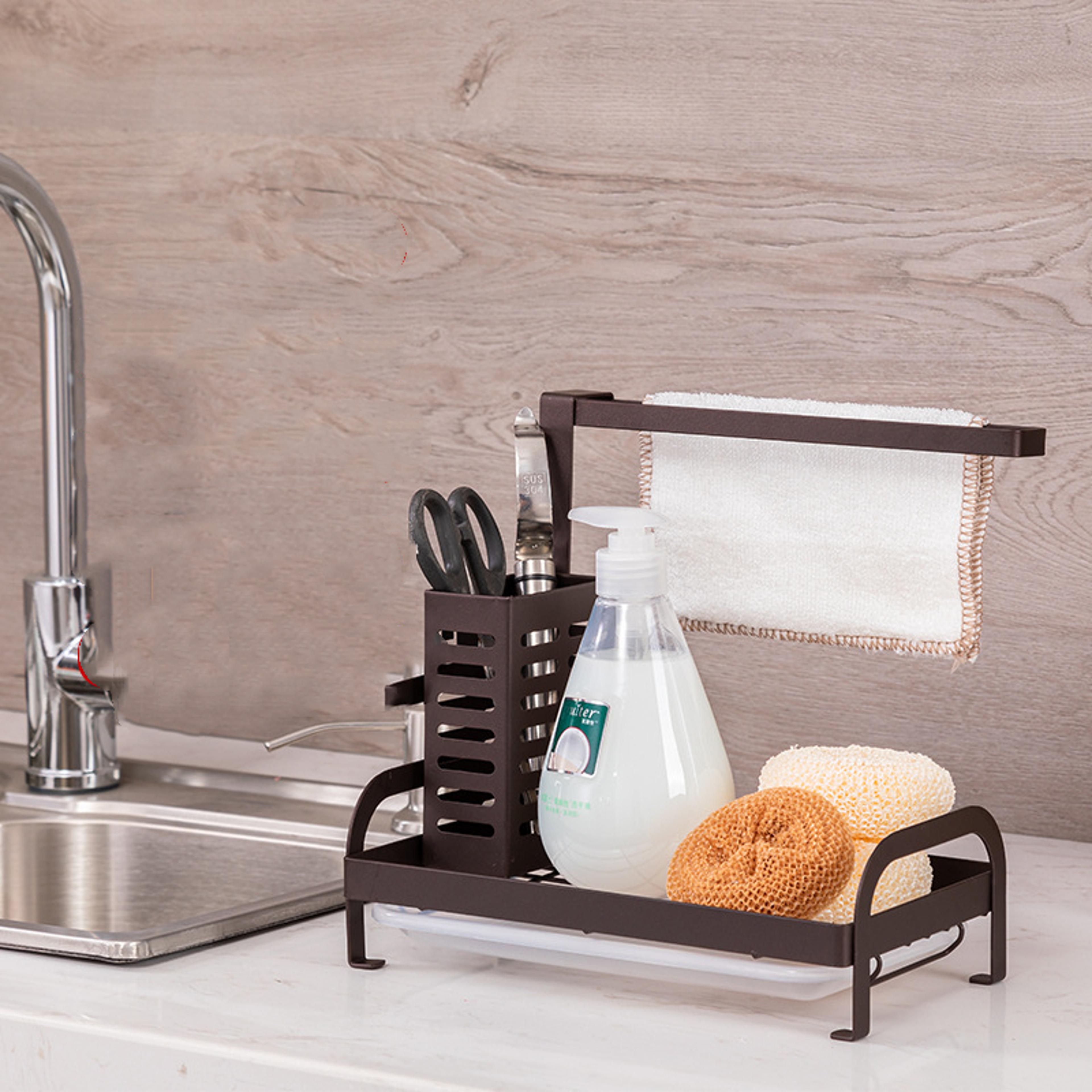 large kitchen sink caddy rack with drain tray – soap, sponge & brush organizer