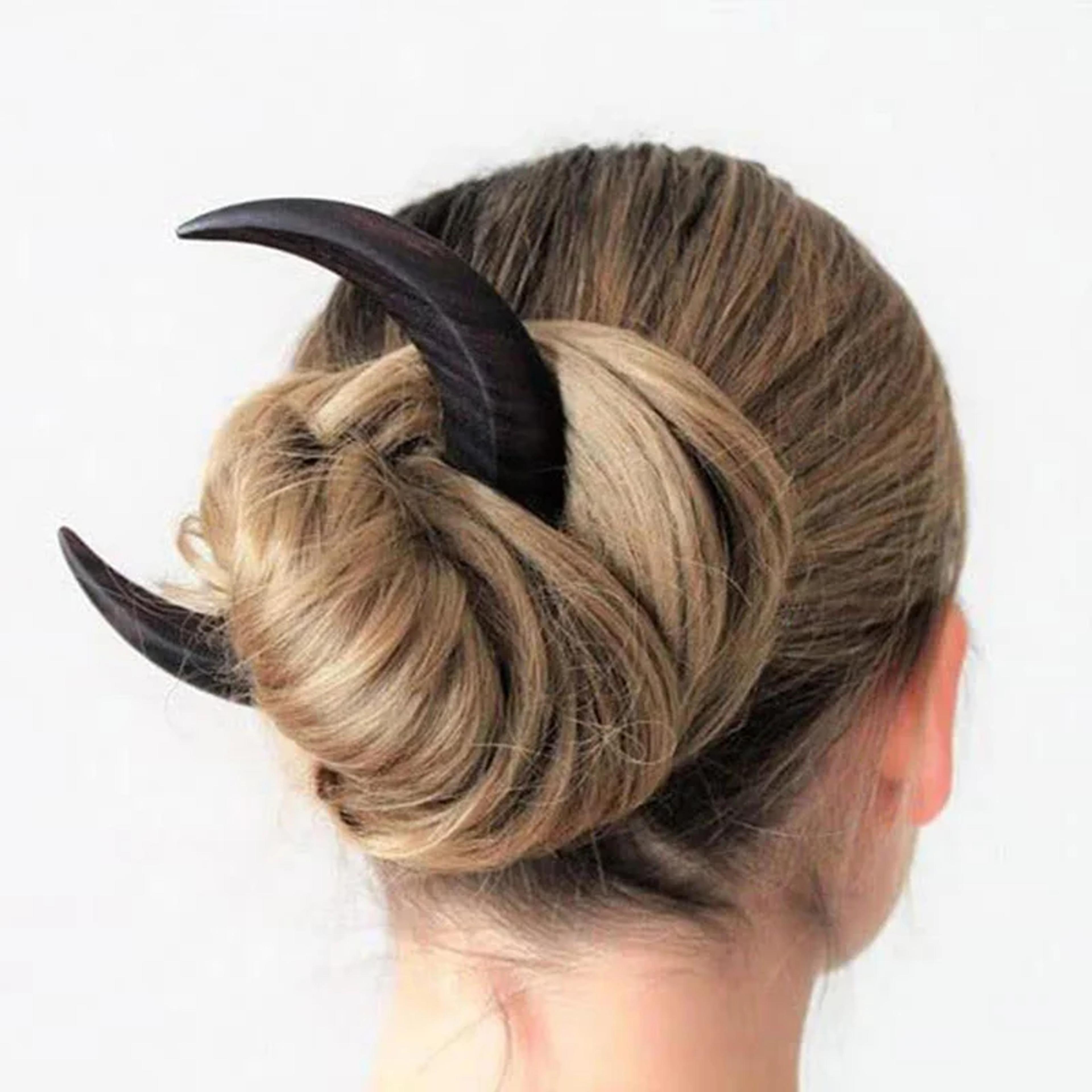 wooden crescent hair pin – handcrafted moon-shaped wooden hair stick for women, elegant long hair accessory