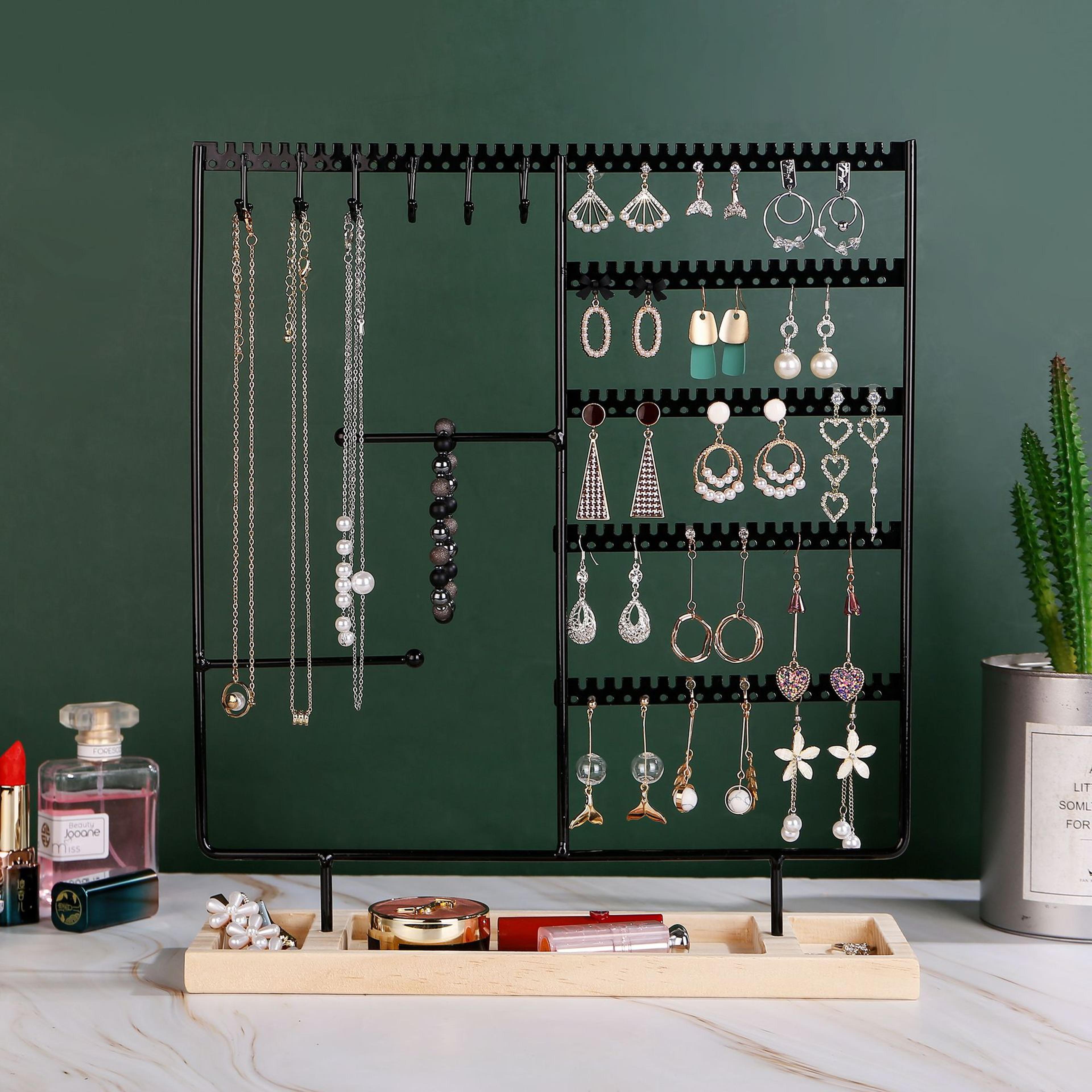 multifunctional jewelry display rack for earring, necklace, ring, and bracelet storage - detachable wooden base