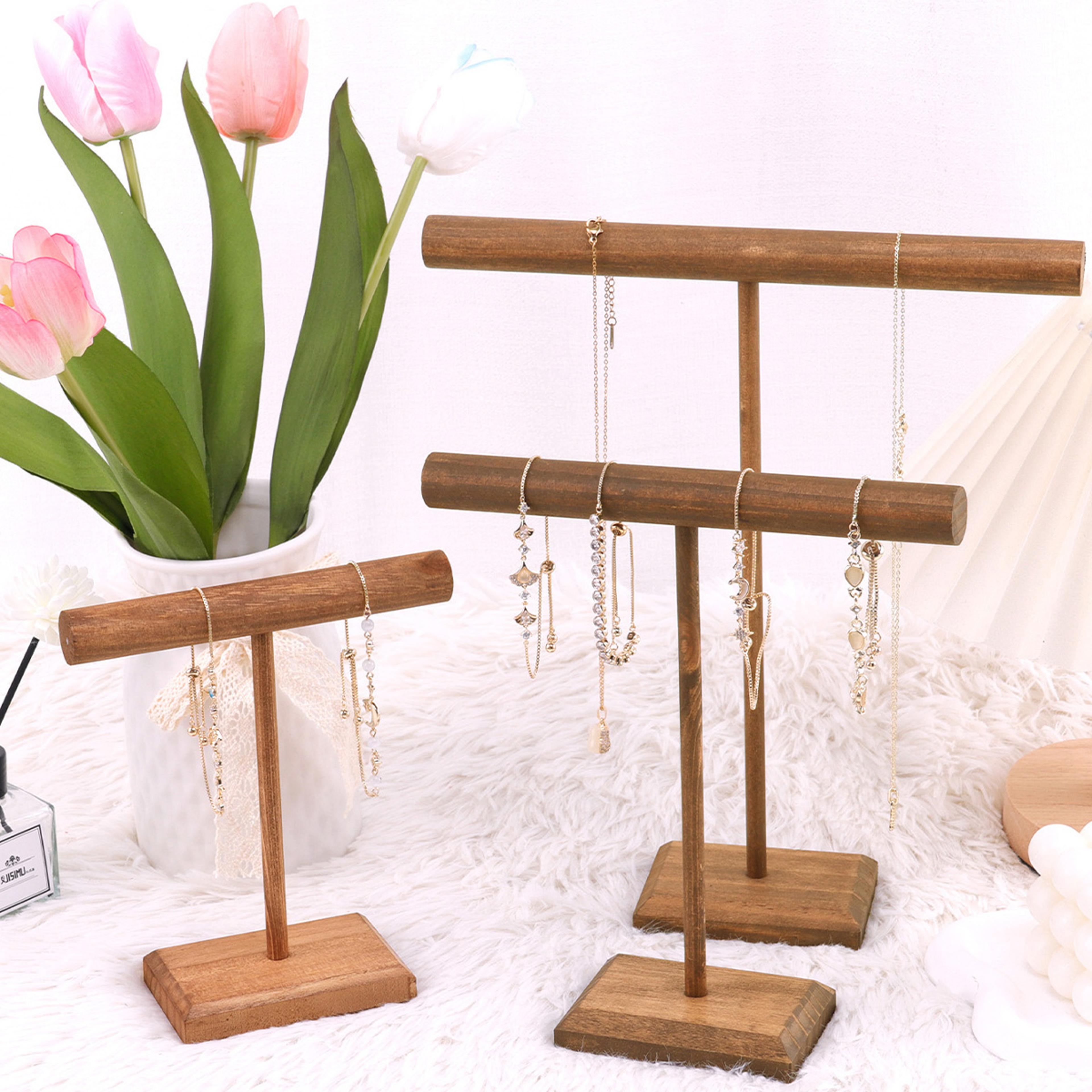 wooden jewelry bracelet display rack stand for watches, chains, and bracelets