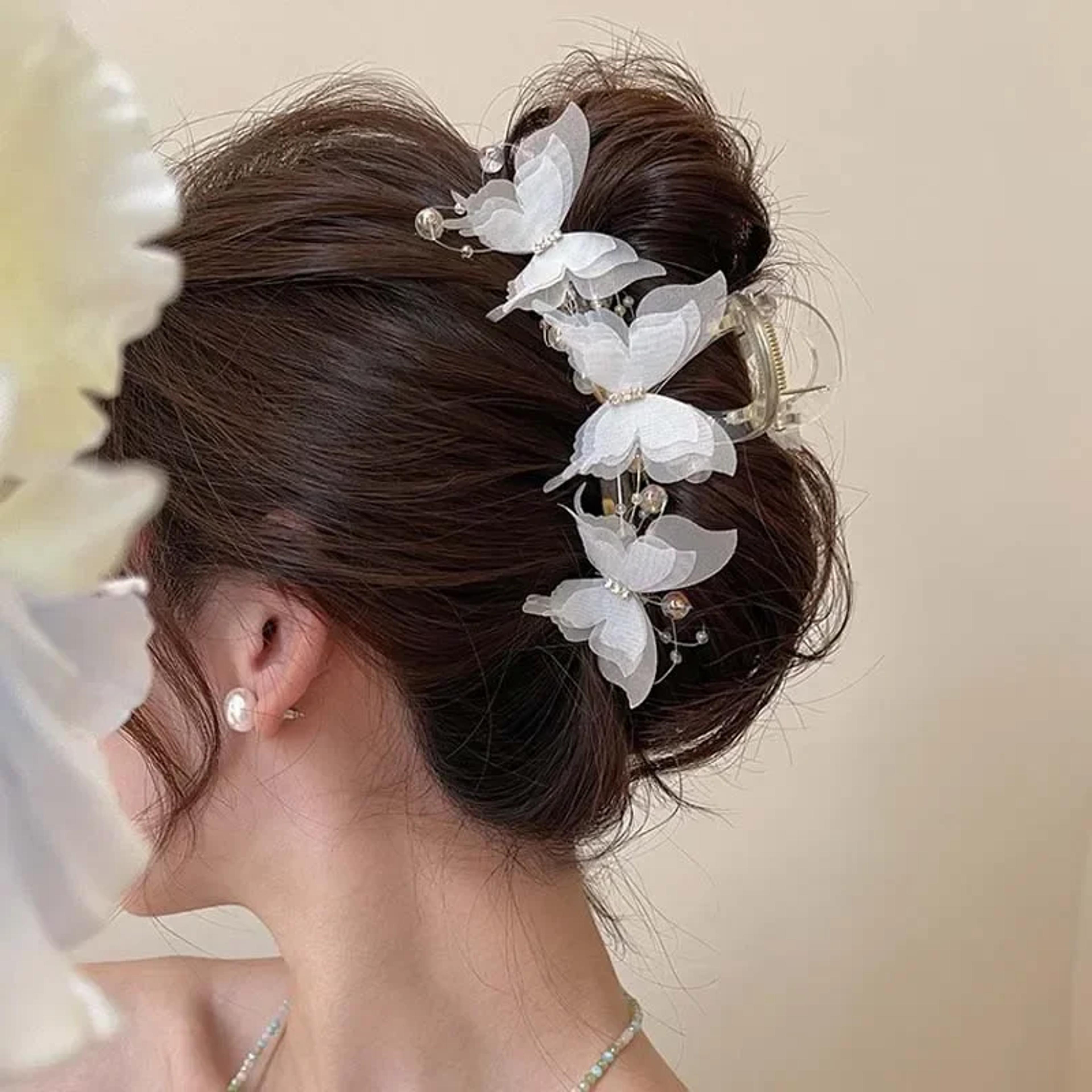 elegant pearl bow butterfly hair clip for women - sweet crab claw headdress accessory