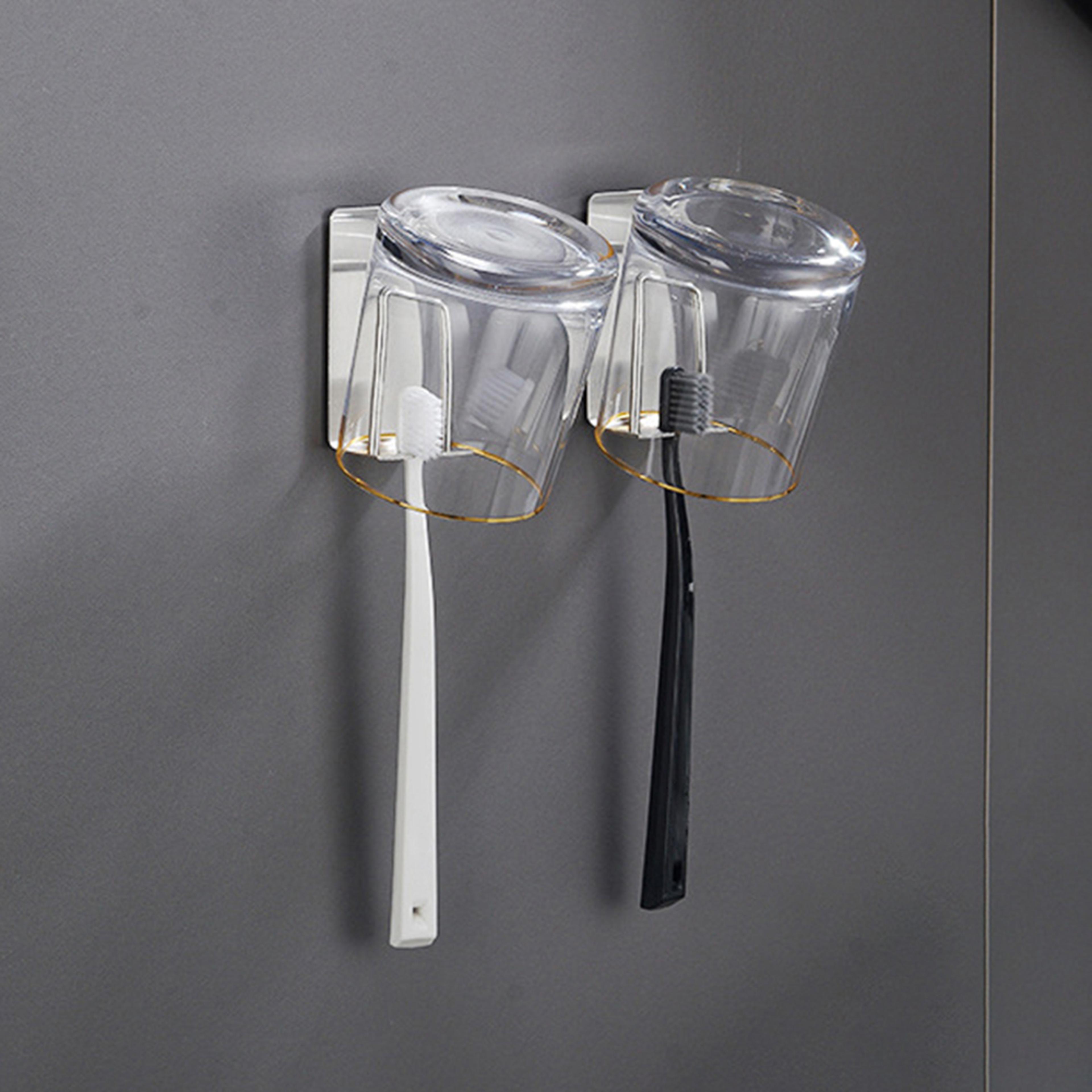 wall-mounted stainless steel toothbrush holder with cup rack, no drilling, space-saving bathroom shelf