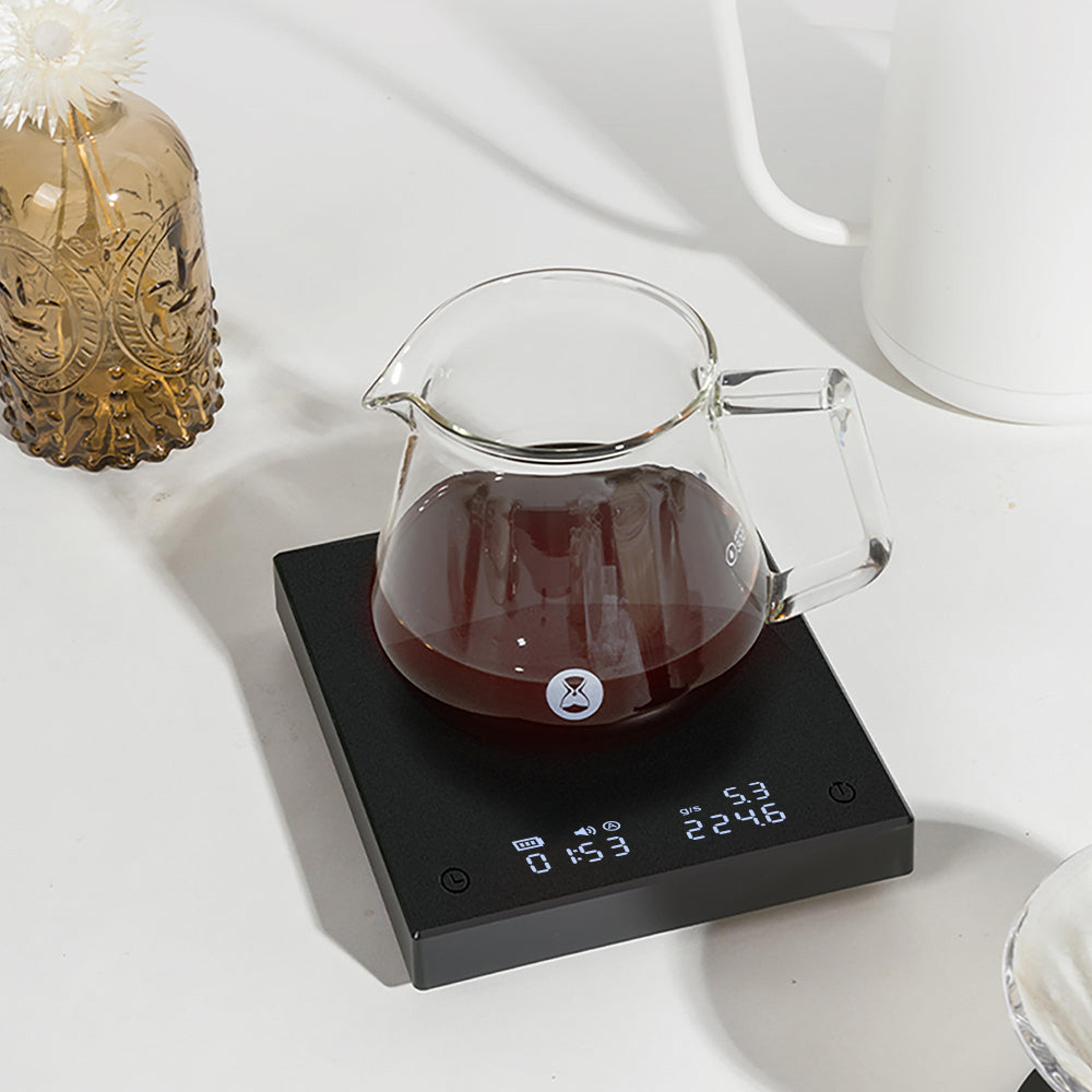 black mirror pour over coffee scale with flow rate display, auto timer, and precision accuracy for espresso brewing