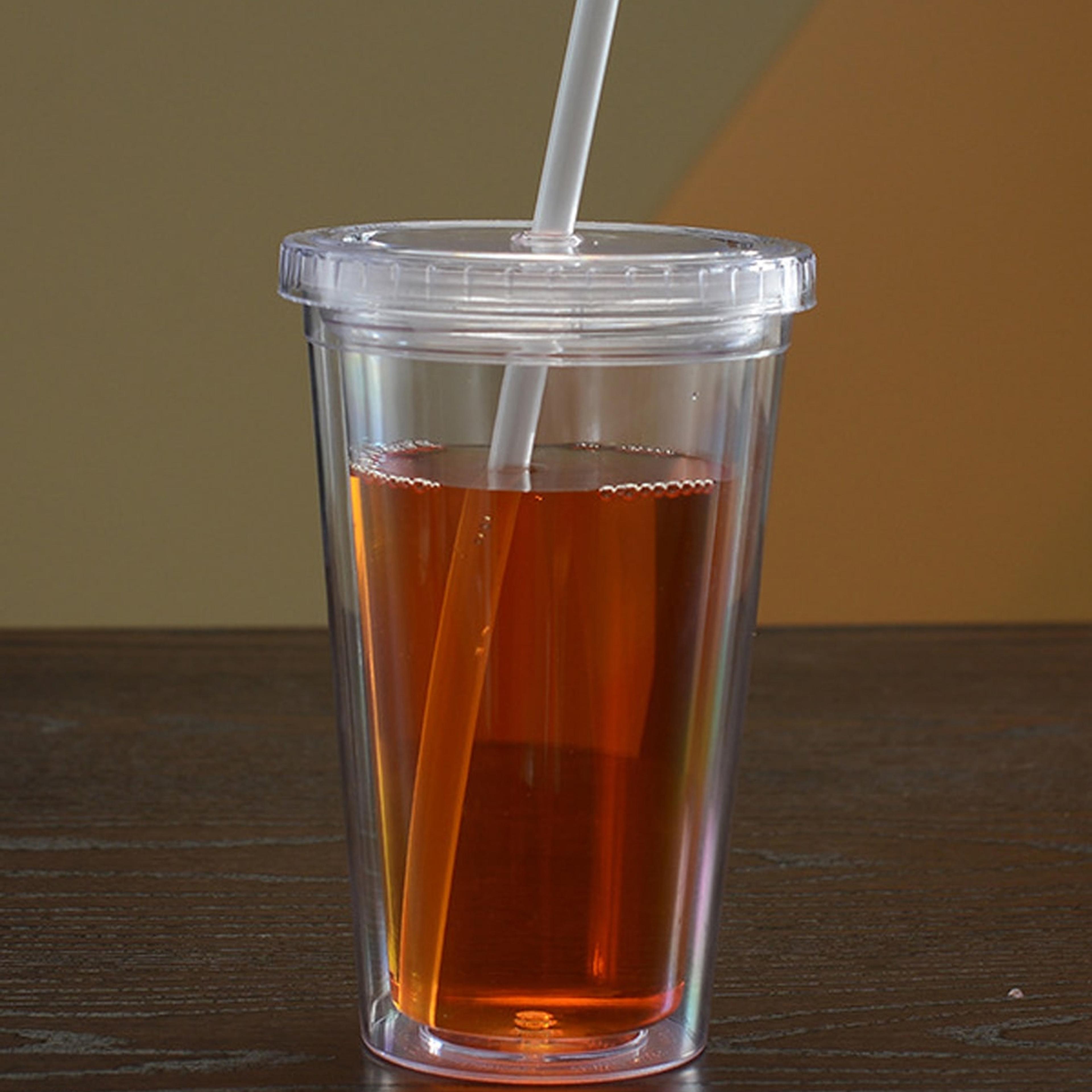 reusable double-layer plastic transparent drinking cup with lid and straw – outdoor water bottle for tea, milk