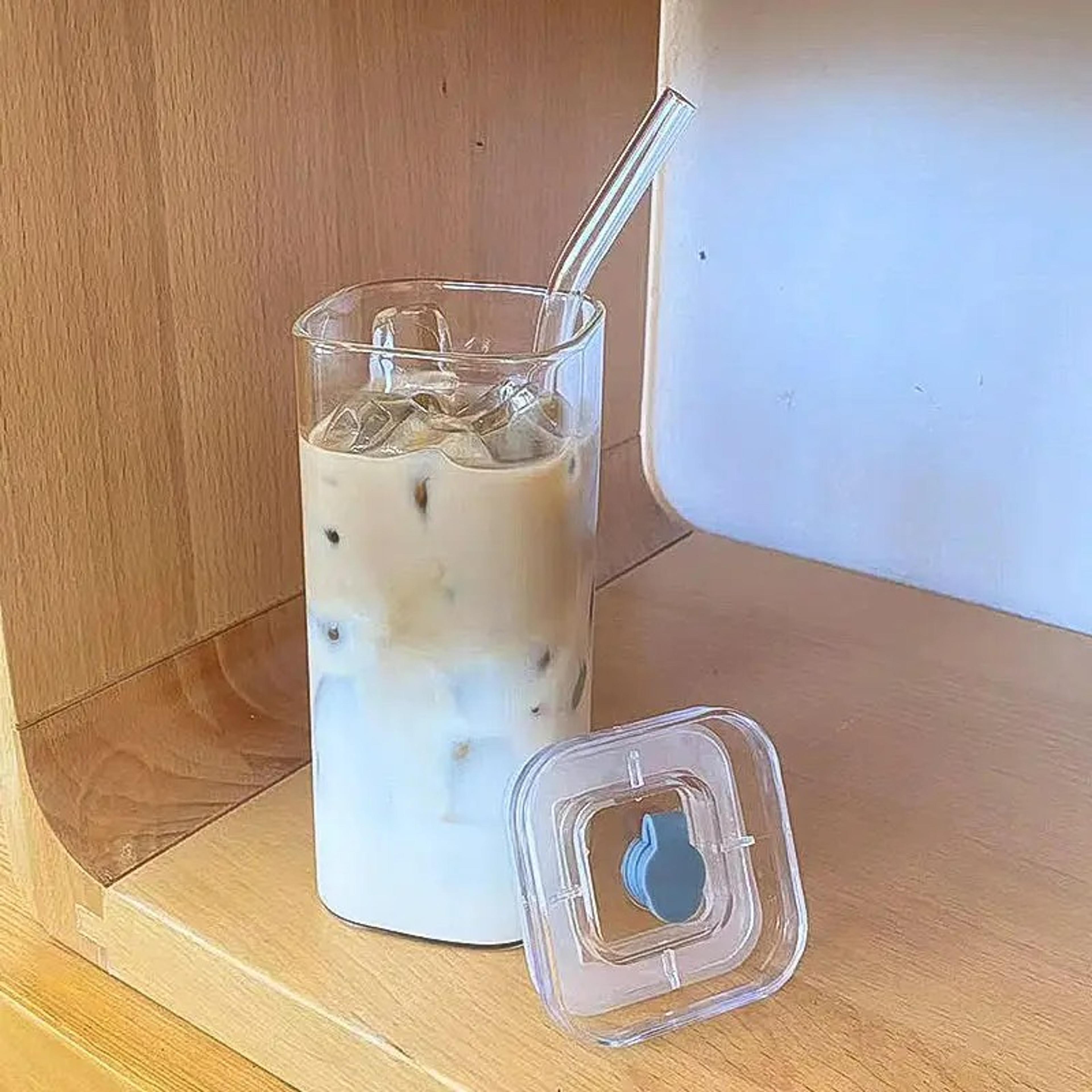 square heat resistant glass coffee cup with lid and straw for milk tea & juice