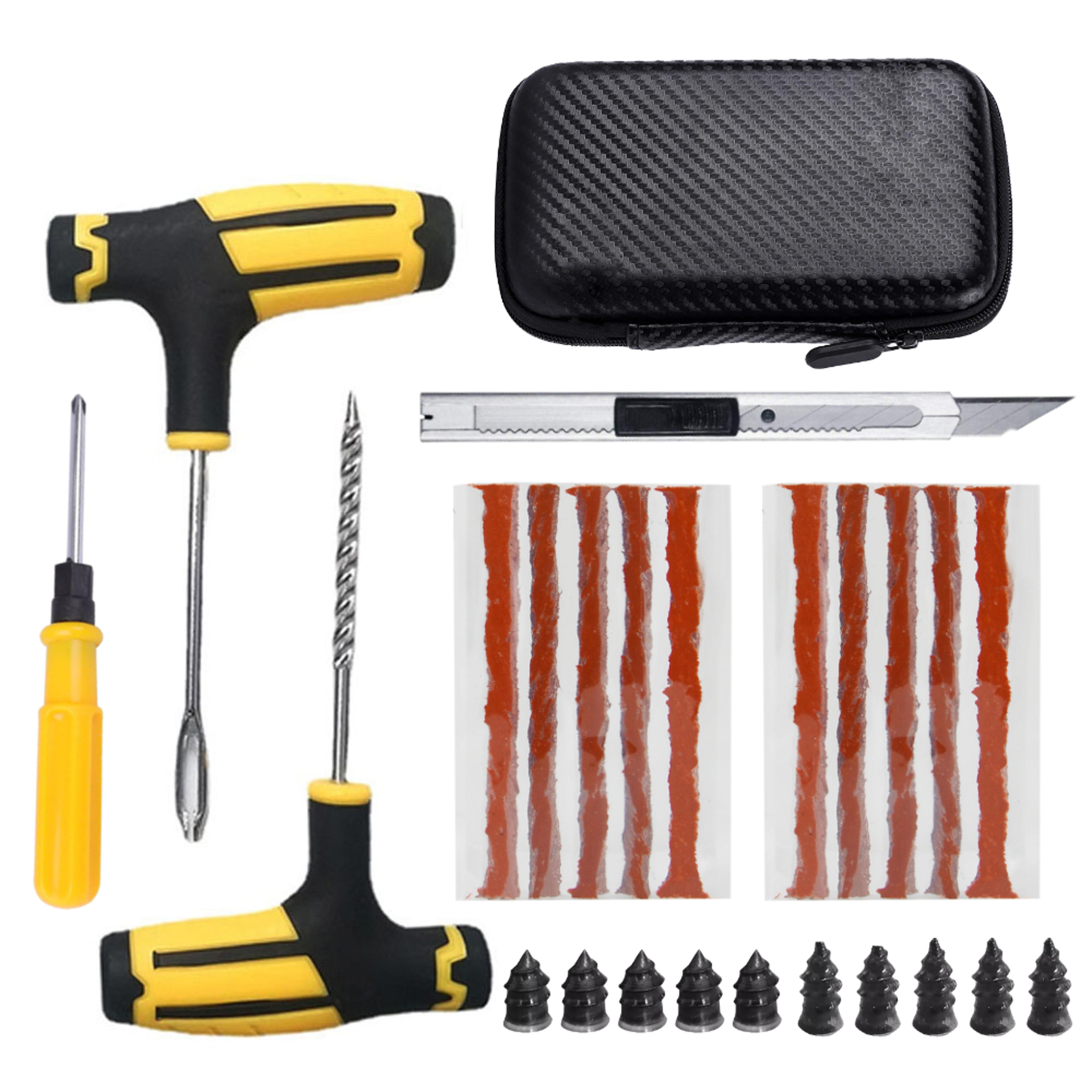 car tire repair kit emergency tire puncture plug tools, complete kit with glue, repair strips, and accessories