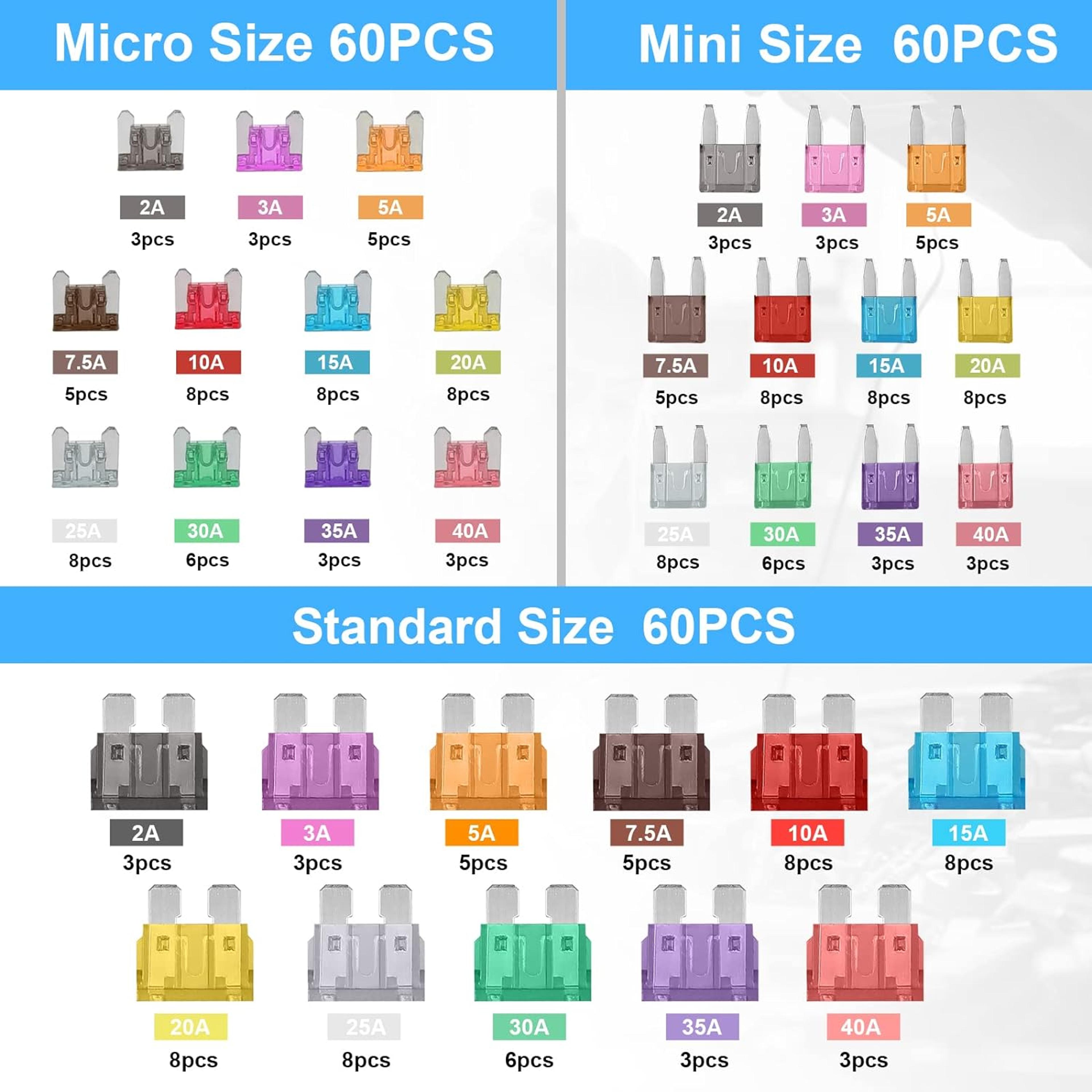 car fuse assorted kit mini, micro & standard fuses for automotive, rv, boat, and motorcycle use