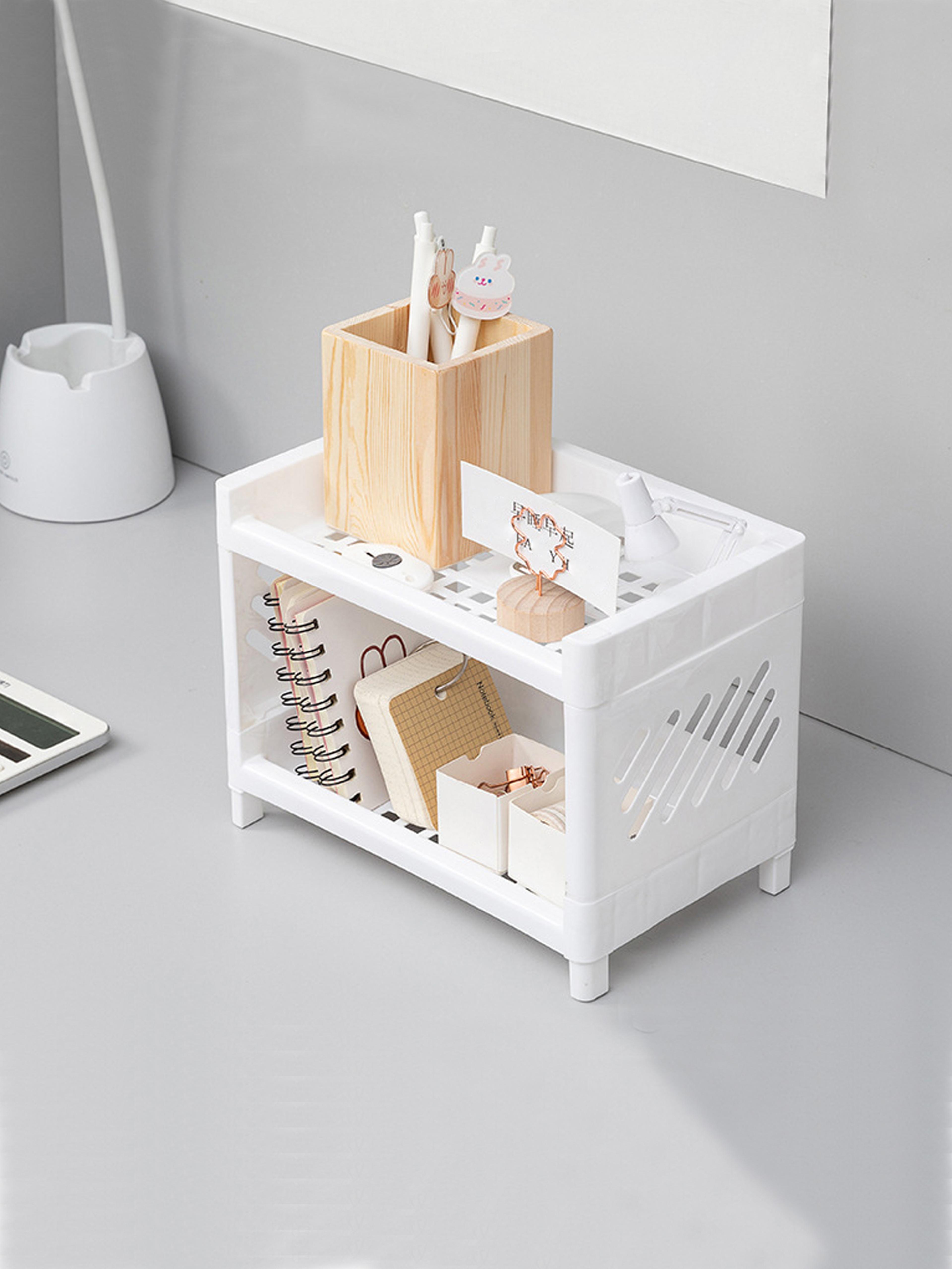 desktop double layer storage rack white organizer for office, desk, cosmetics & stationery