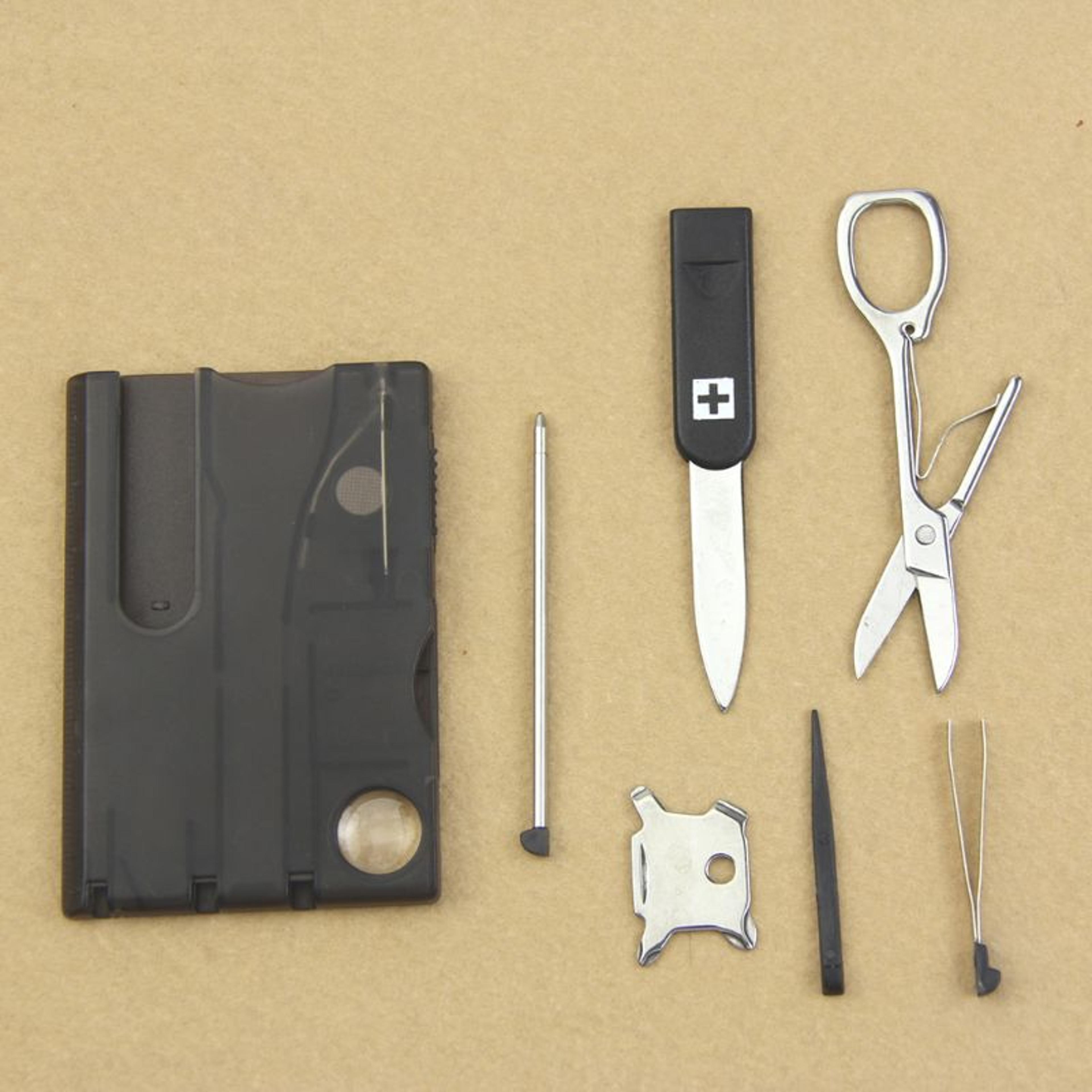 multifunctional survival camping tool card compact, led light, knife, magnifier & more essential for outdoor adventures