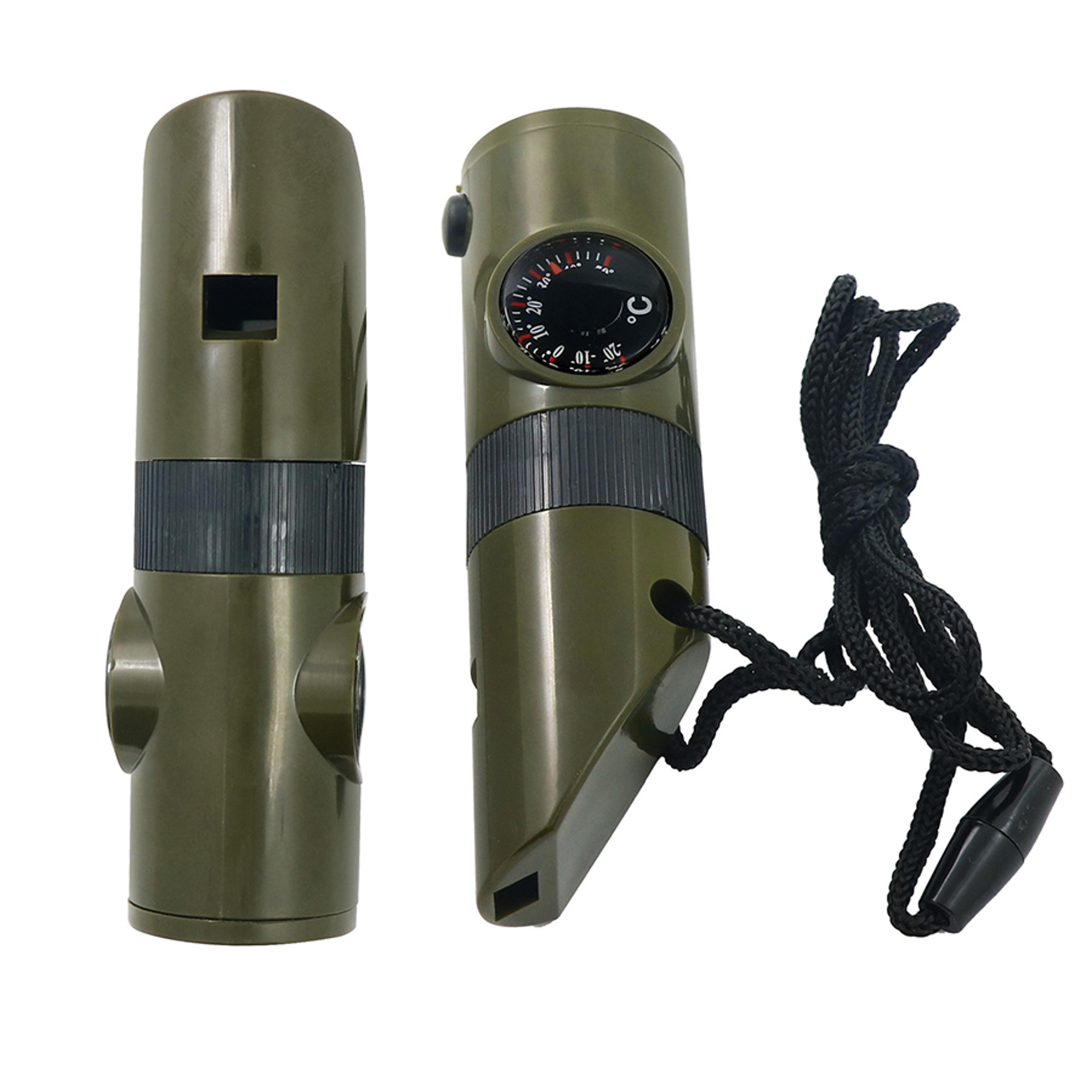 multi function survival whistle with compass, magnifying glass, signal mirror, thermometer & flashlight