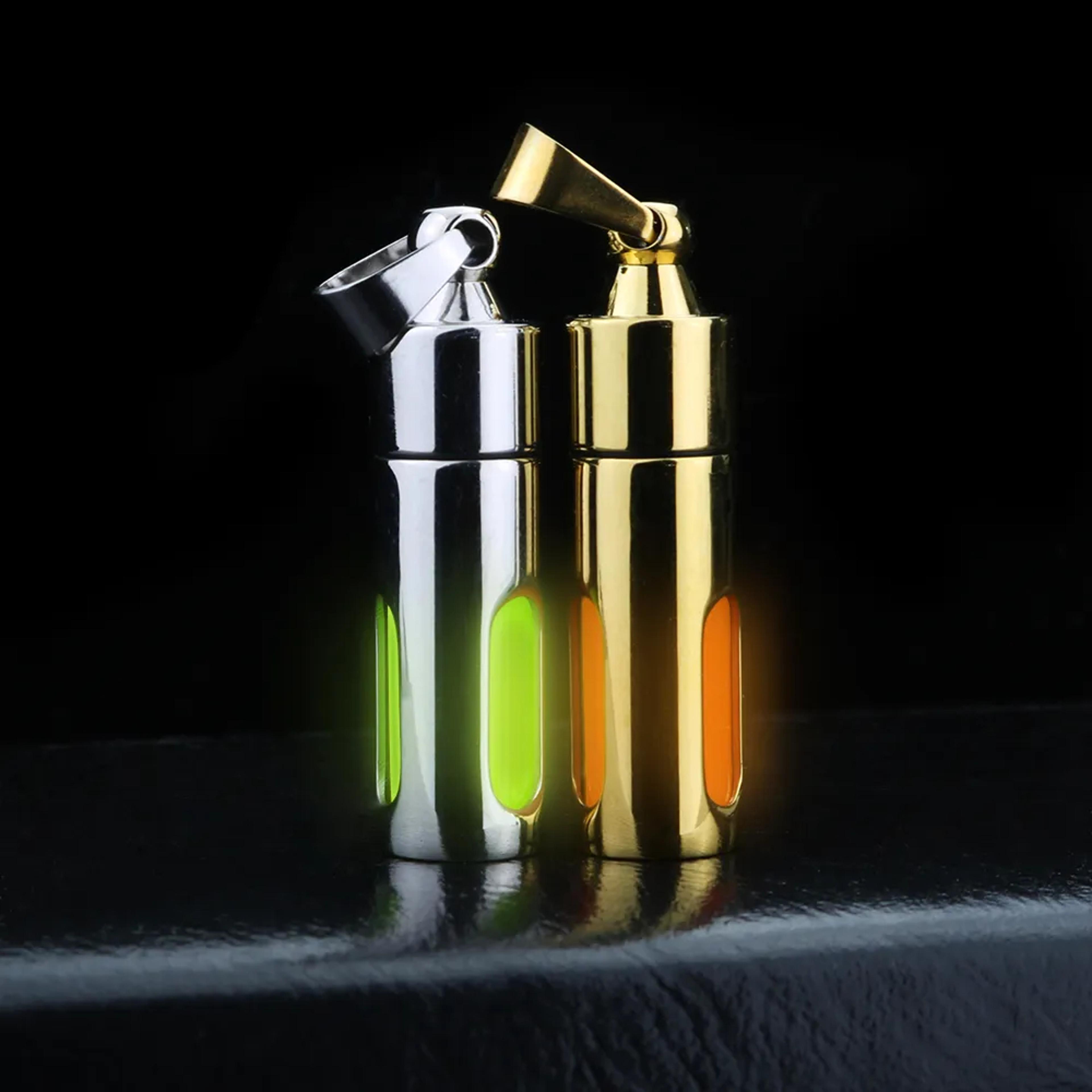 nightlight tube pendant luminous edc keychain, stainless steel & glass, eternal light, non tritium