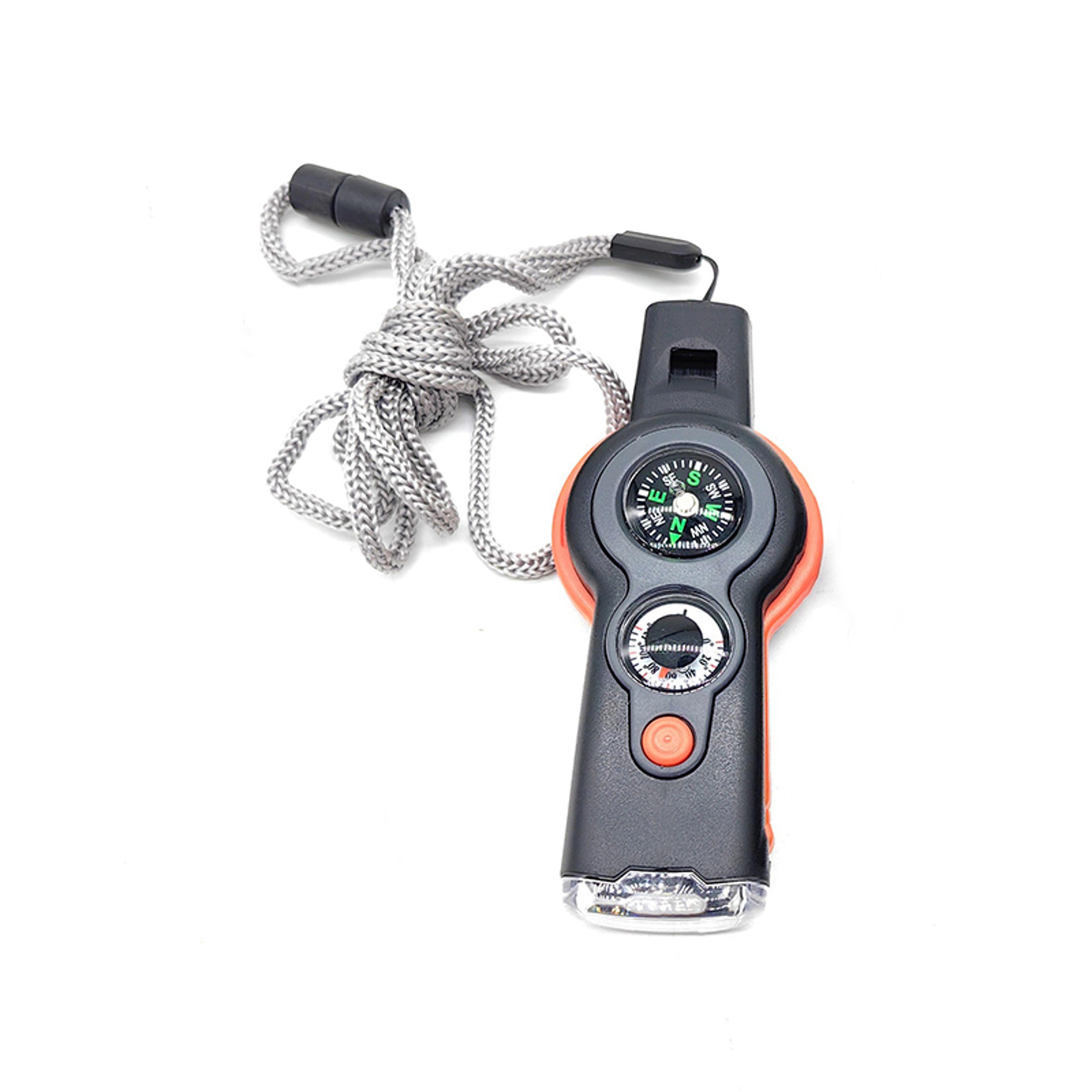 multi functional survival whistle with compass, thermometer, led light & magnifying glass