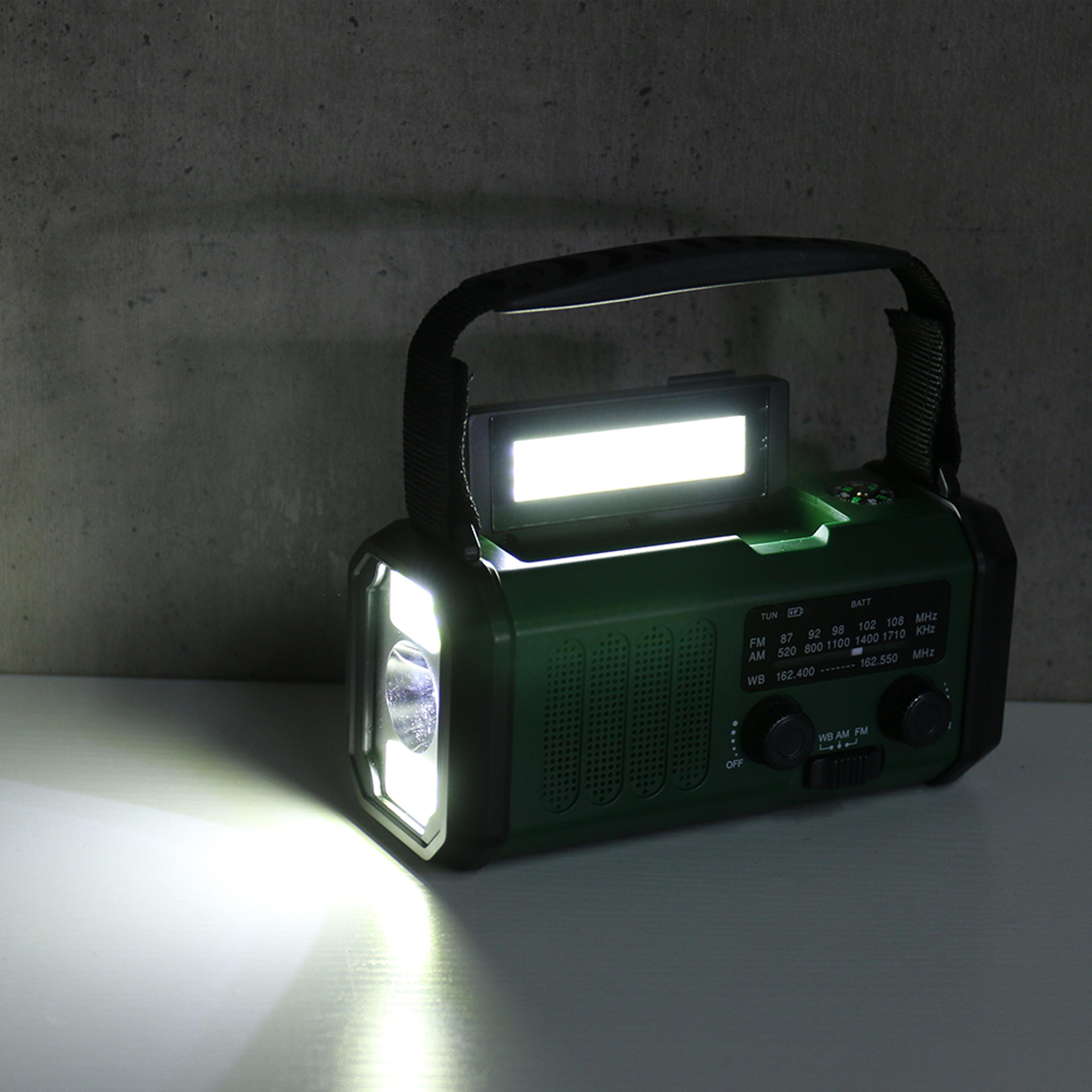 weather radio led emergency power bank with sos alarm, compass, & flashlight portable hand crank & solar charging radio