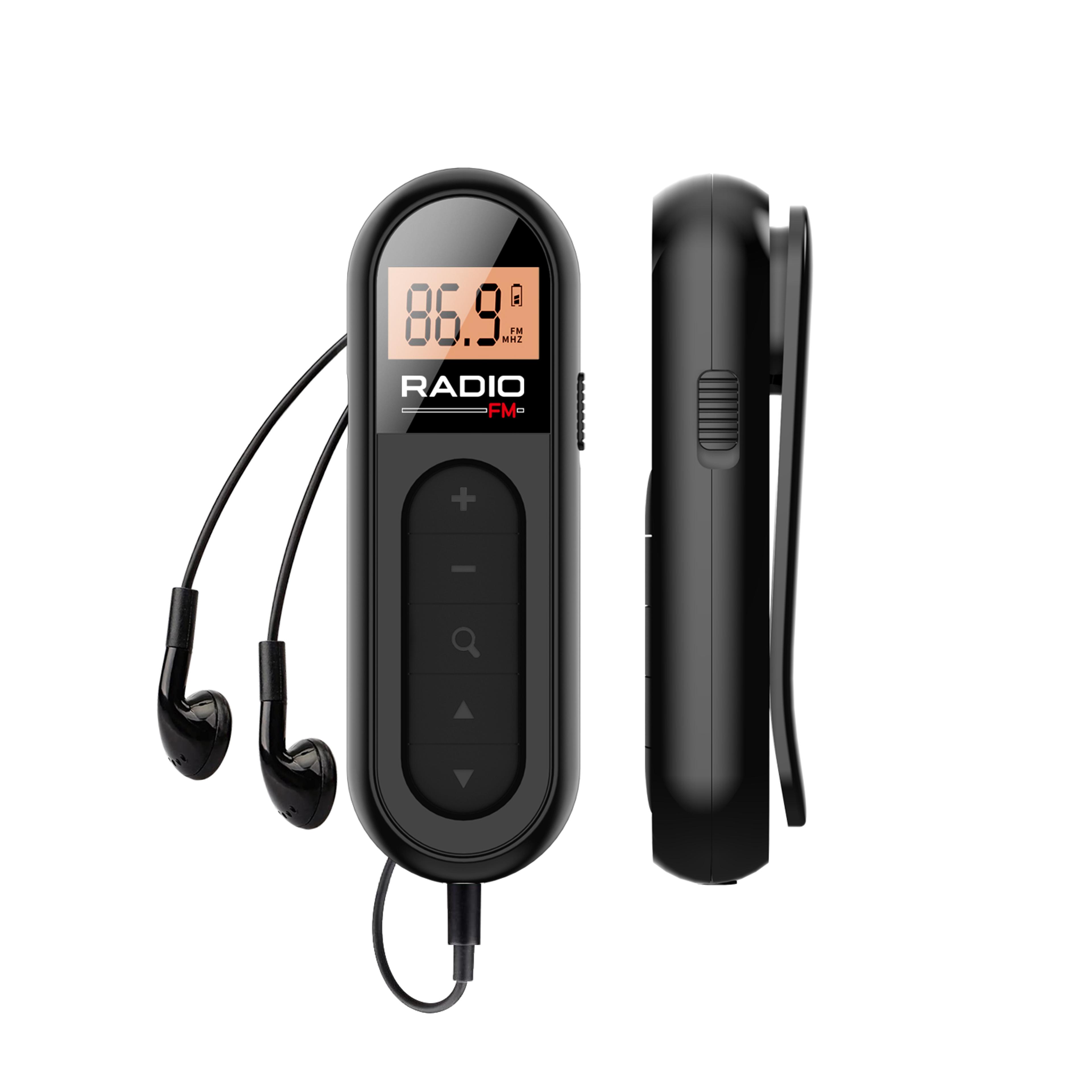 portable fm radio with rechargeable battery, digital tuning, lcd screen, and belt clip for enhanced reception