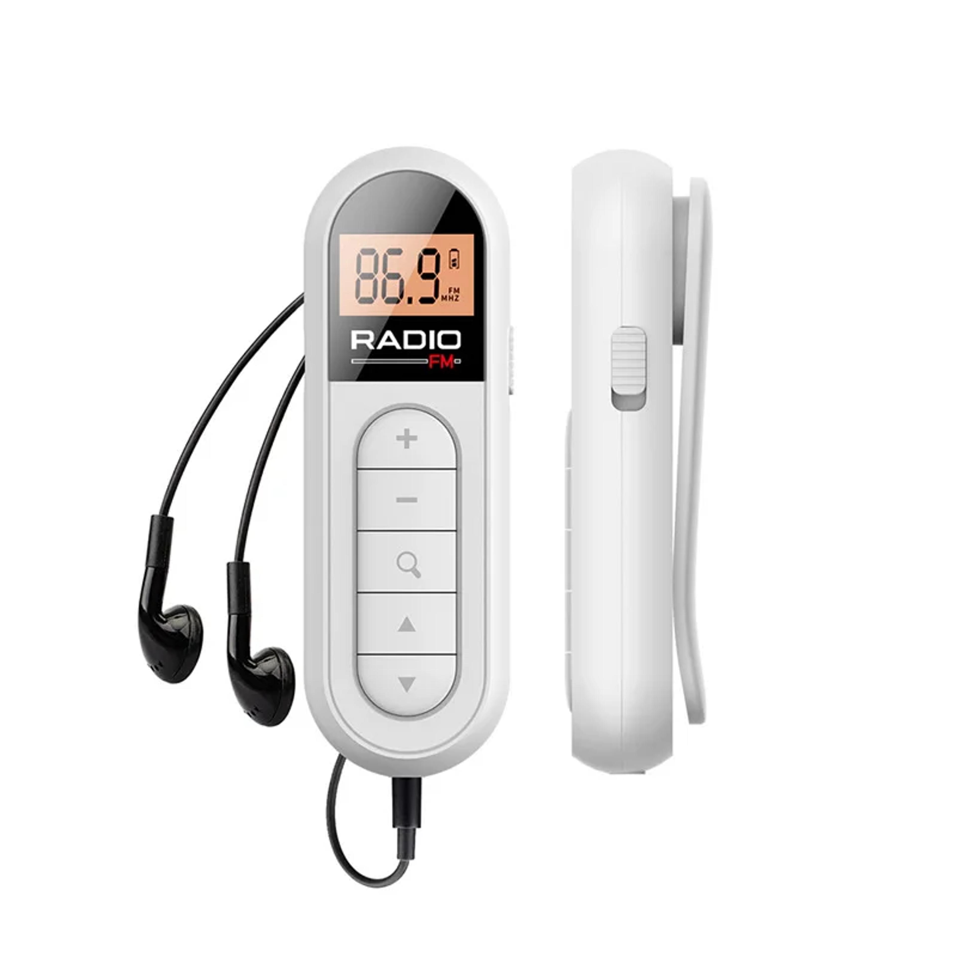mini portable fm radio receiver with lcd display and wired headphones
