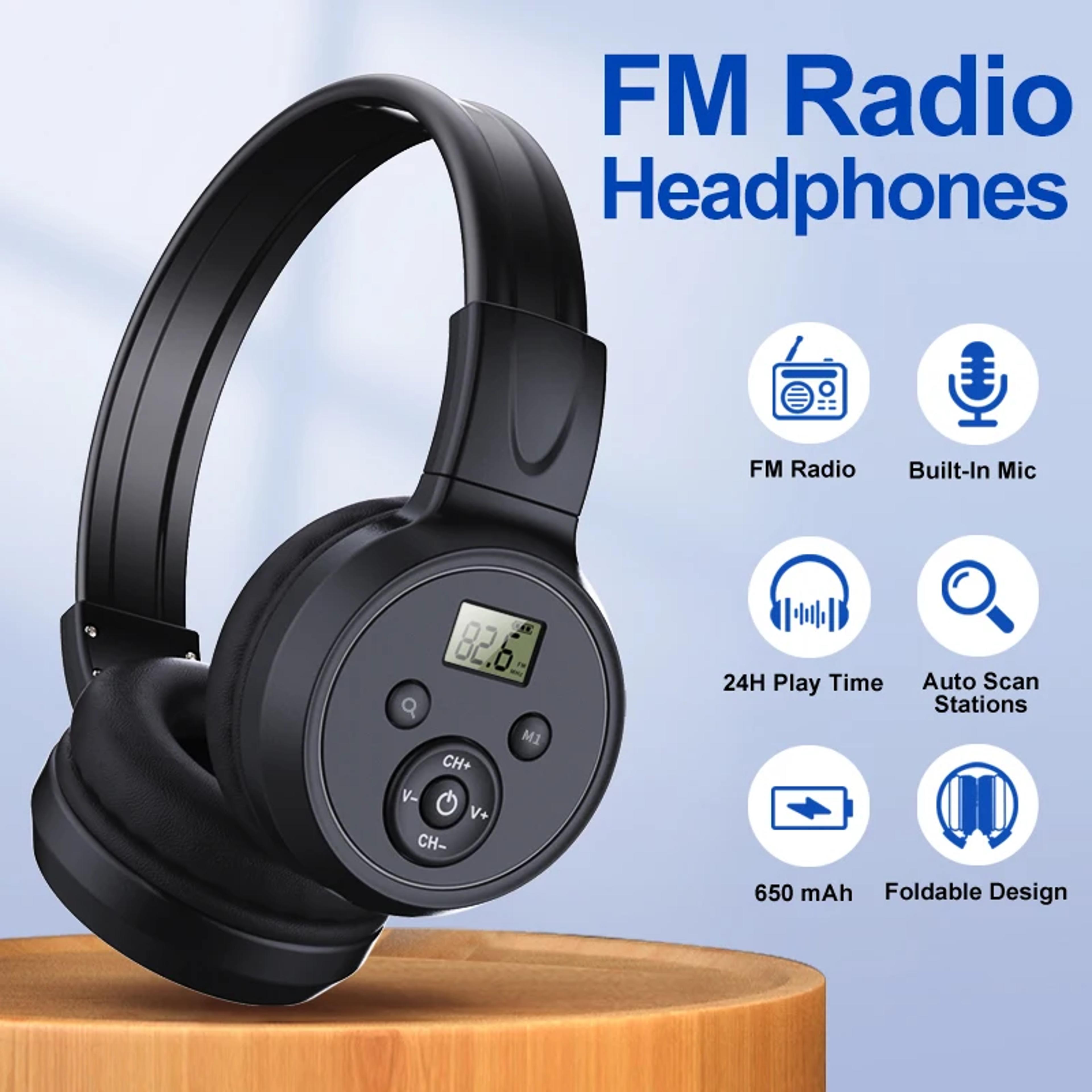 portable fm radio headphones with led display and soft ear muffs for jogging, walking & meetings