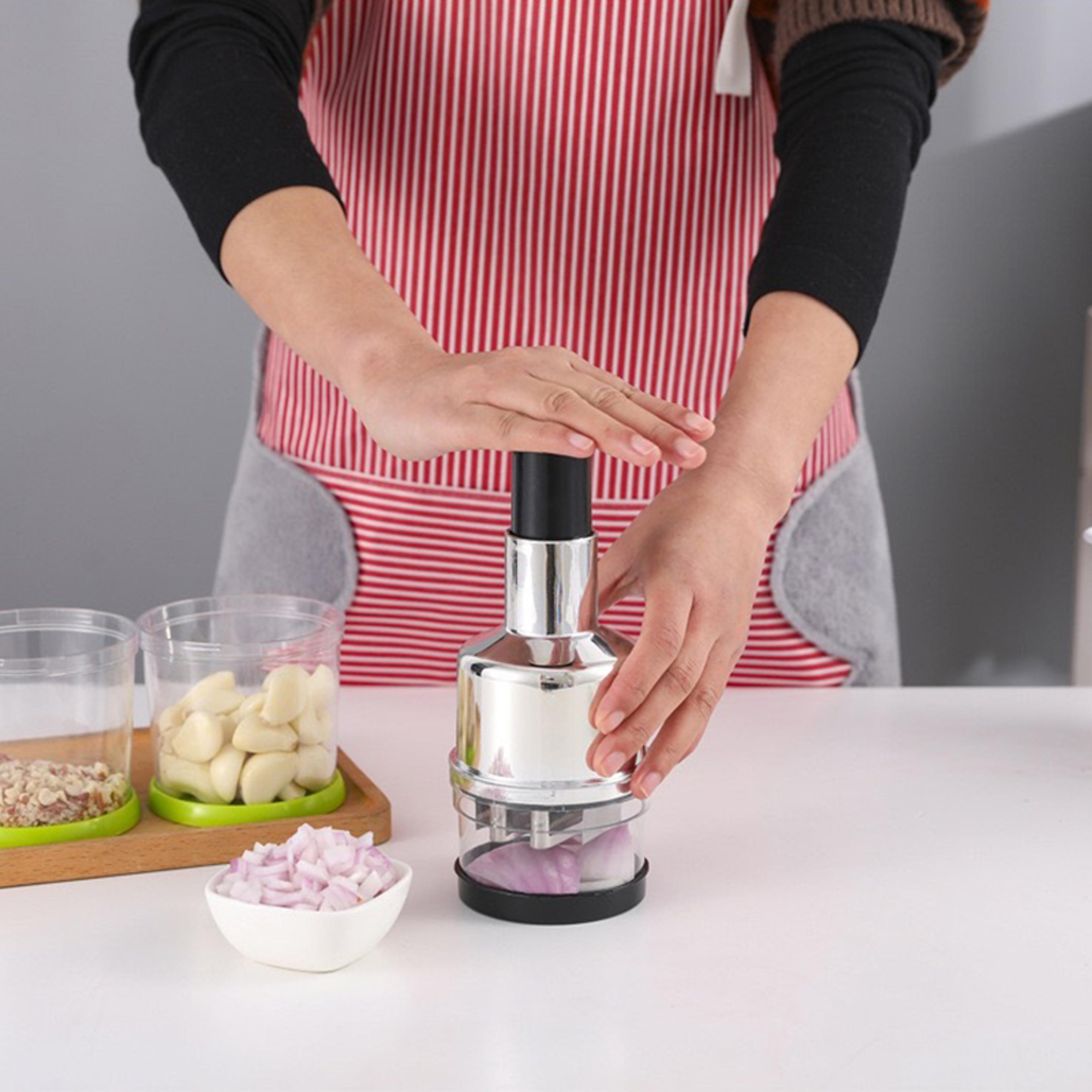 quickpress manual food chopper handheld vegetable onion nut cutter & garlic mincer