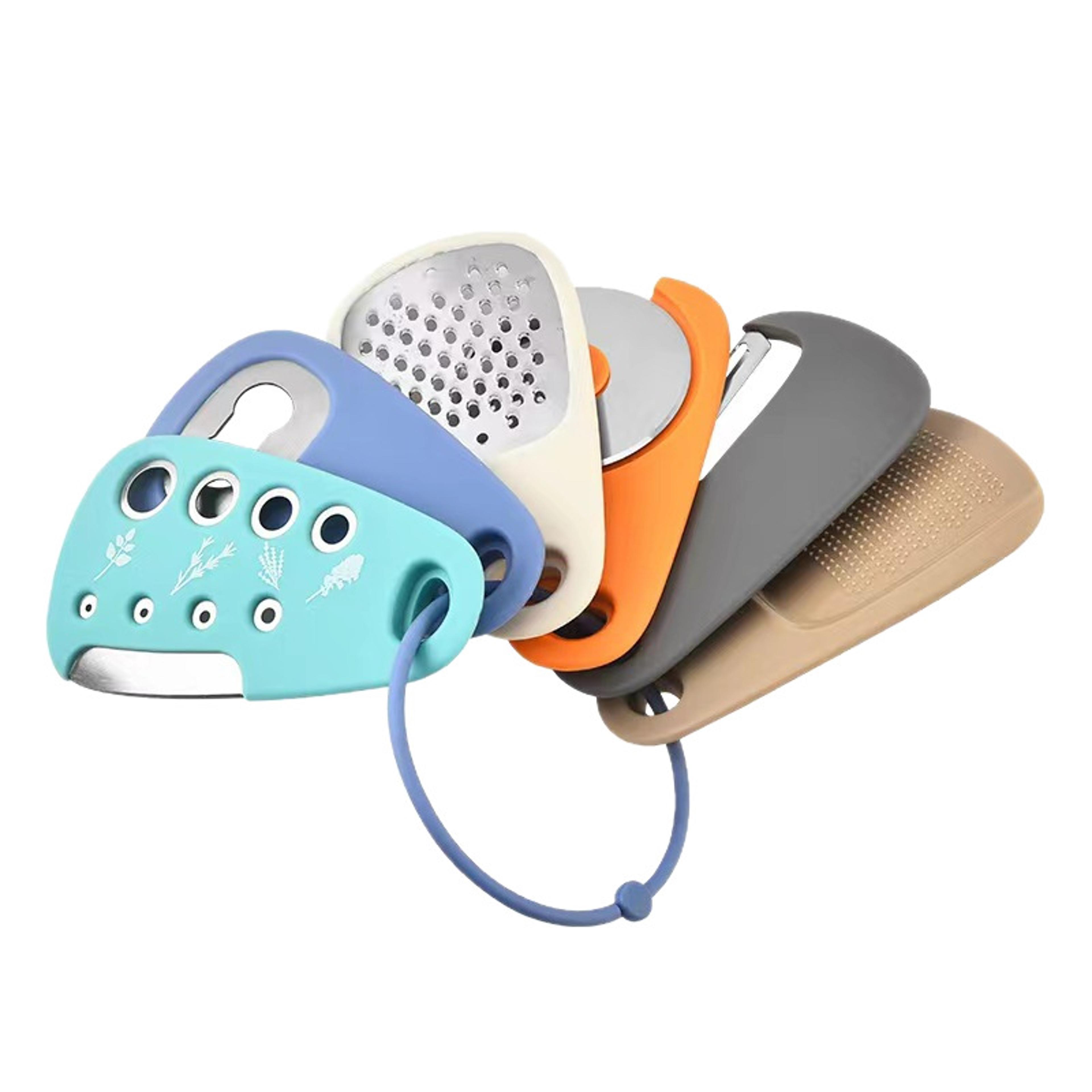 ultimate kitchen gadget set with premium pizza cutter, garlic grinder, vegetable peeler & bottle opener