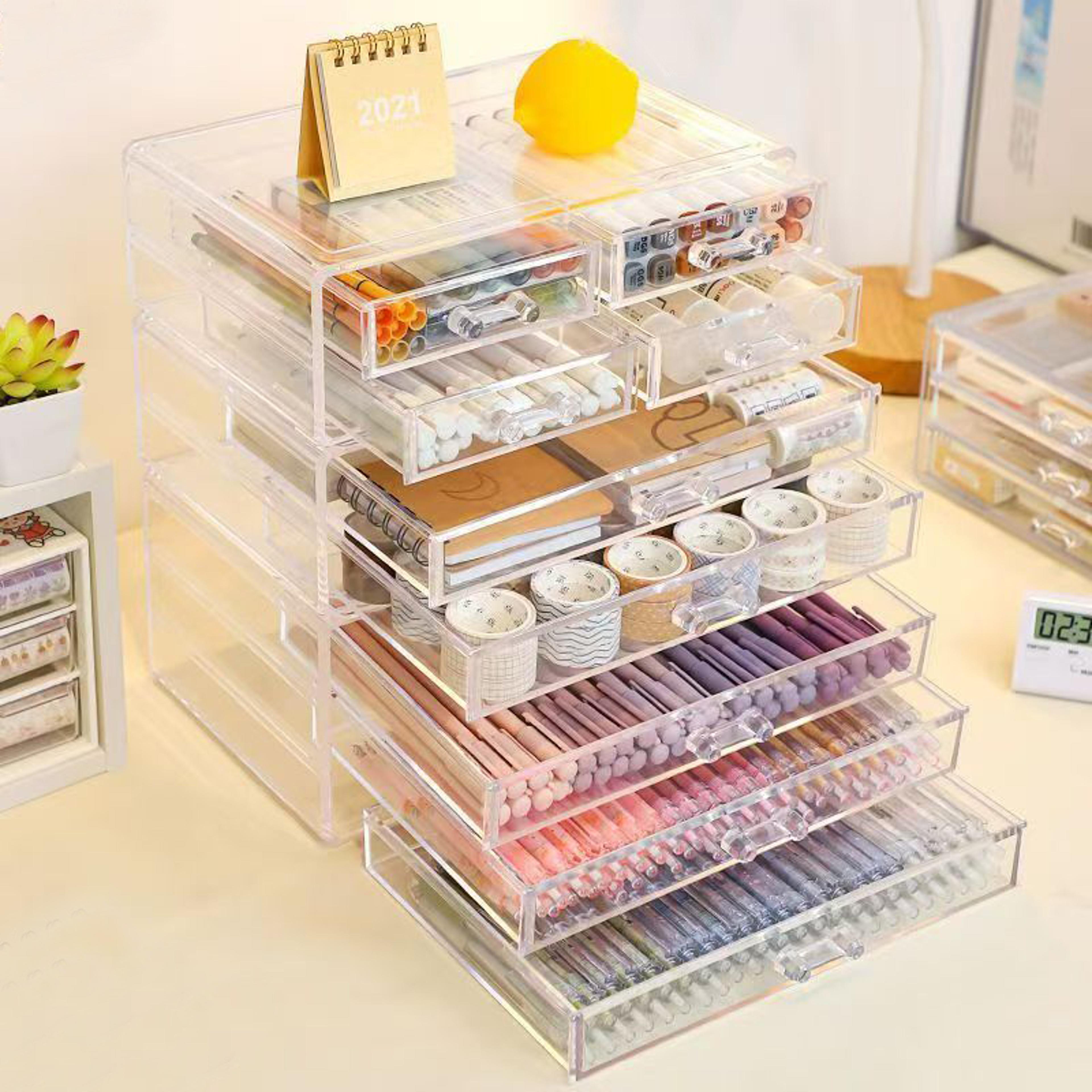 stackable clear desk organizer & plastic drawer organizer for makeup, office & craft storage