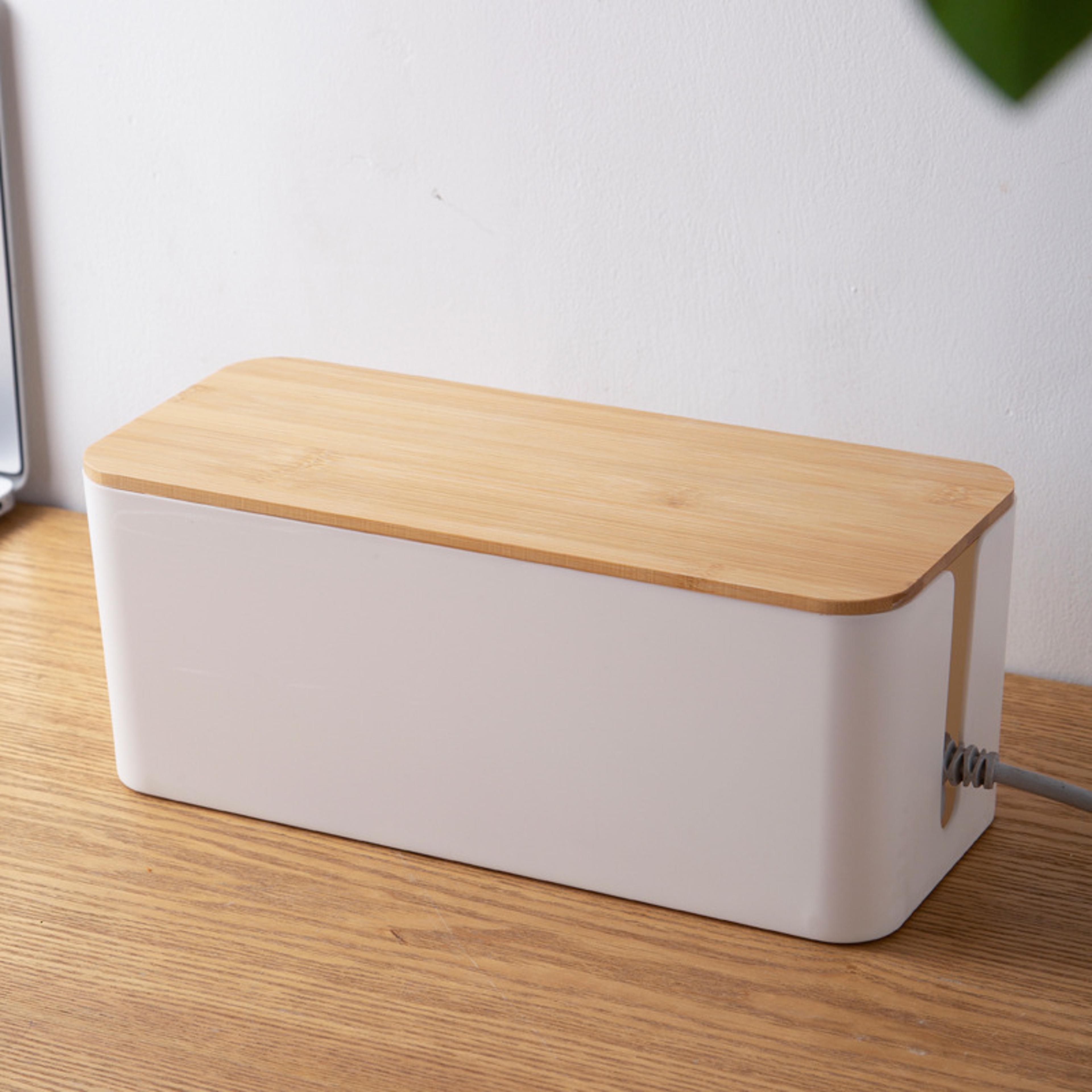 bamboo lid cable management box wire organizer for desk power strip storage