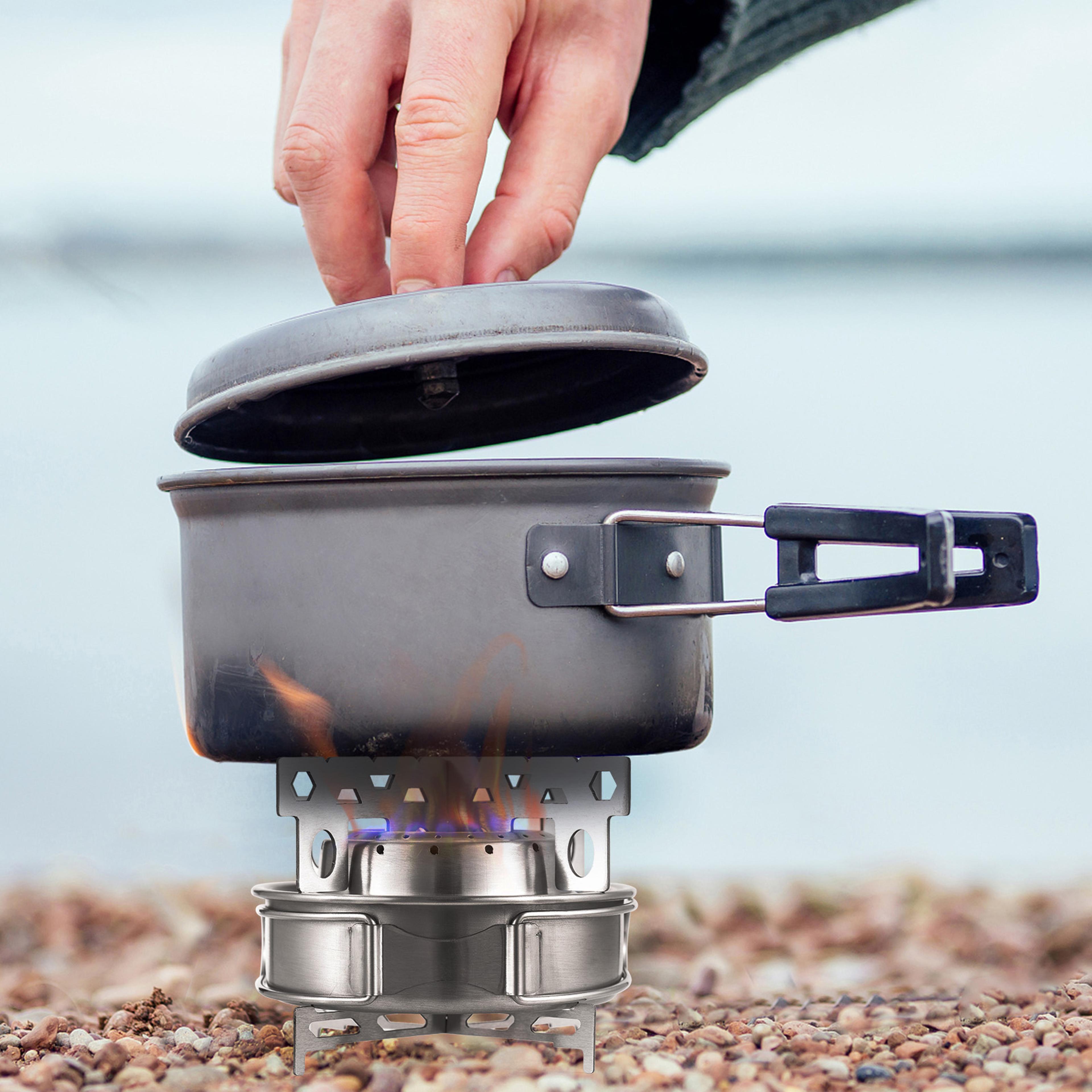 portable stainless steel camping stove with foldable handles & lid