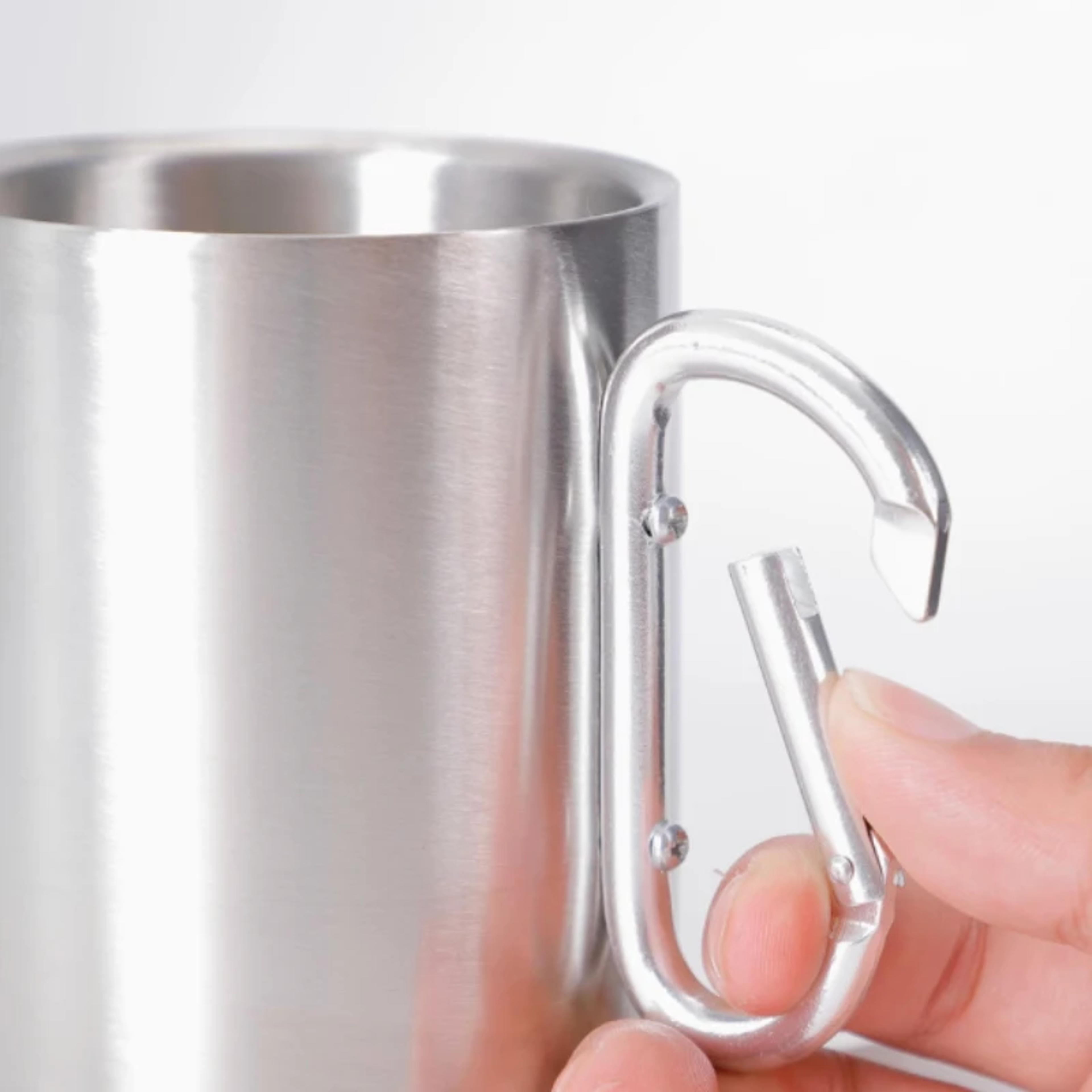 stainless steel camping mug with carabiner handle portable travel cup for hiking and outdoor use