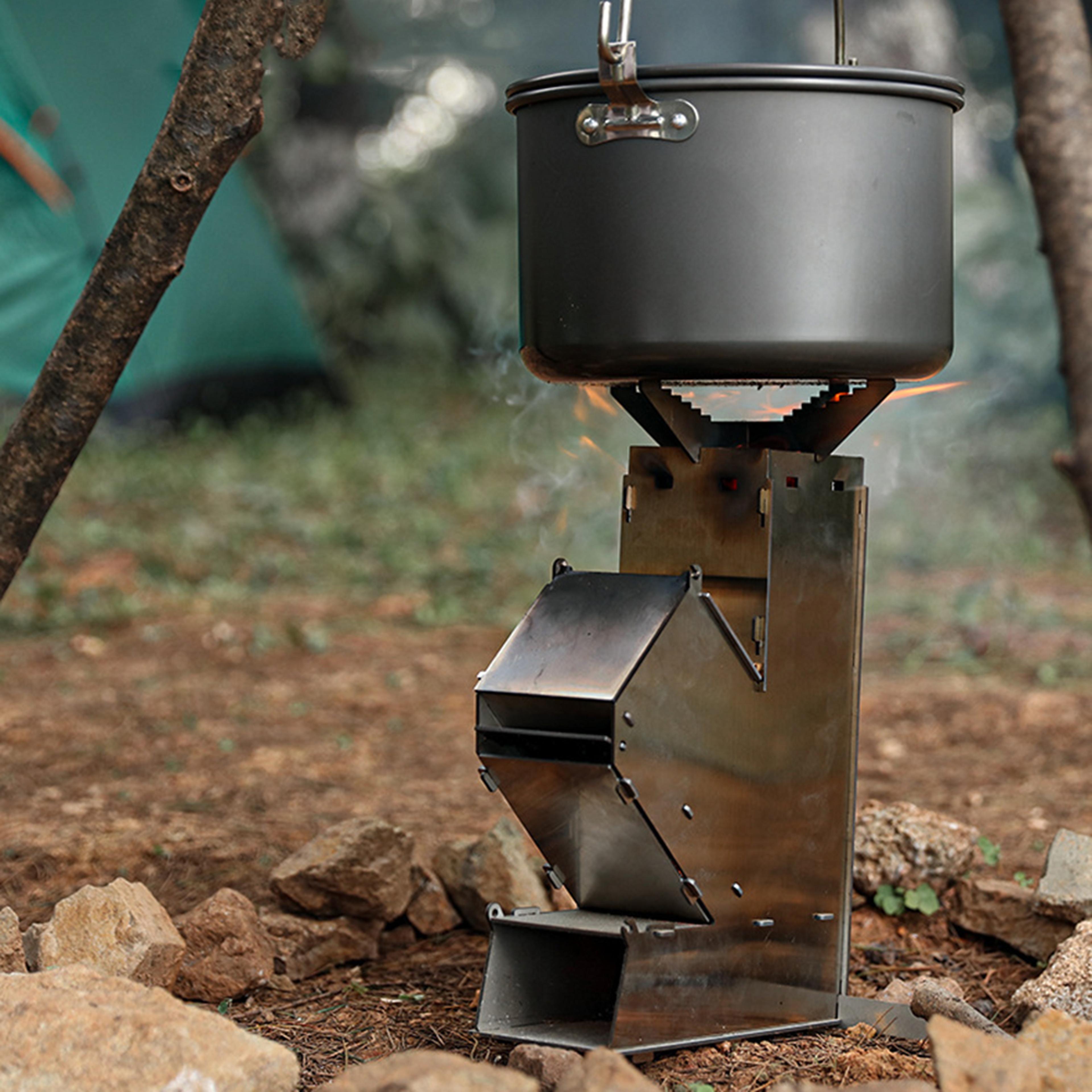 rocket wood burning camp stove for outdoor cooking and bbq